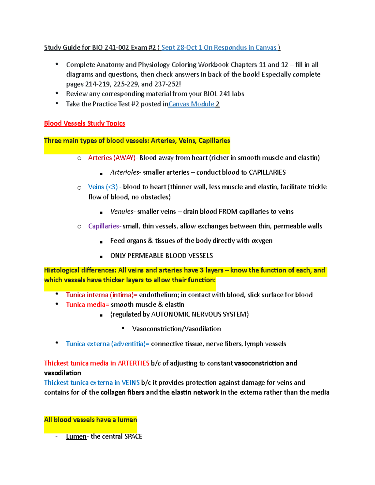 Study Guide for BIO 241-002 Exam 2: Blood Vessels & Immune System - Studocu