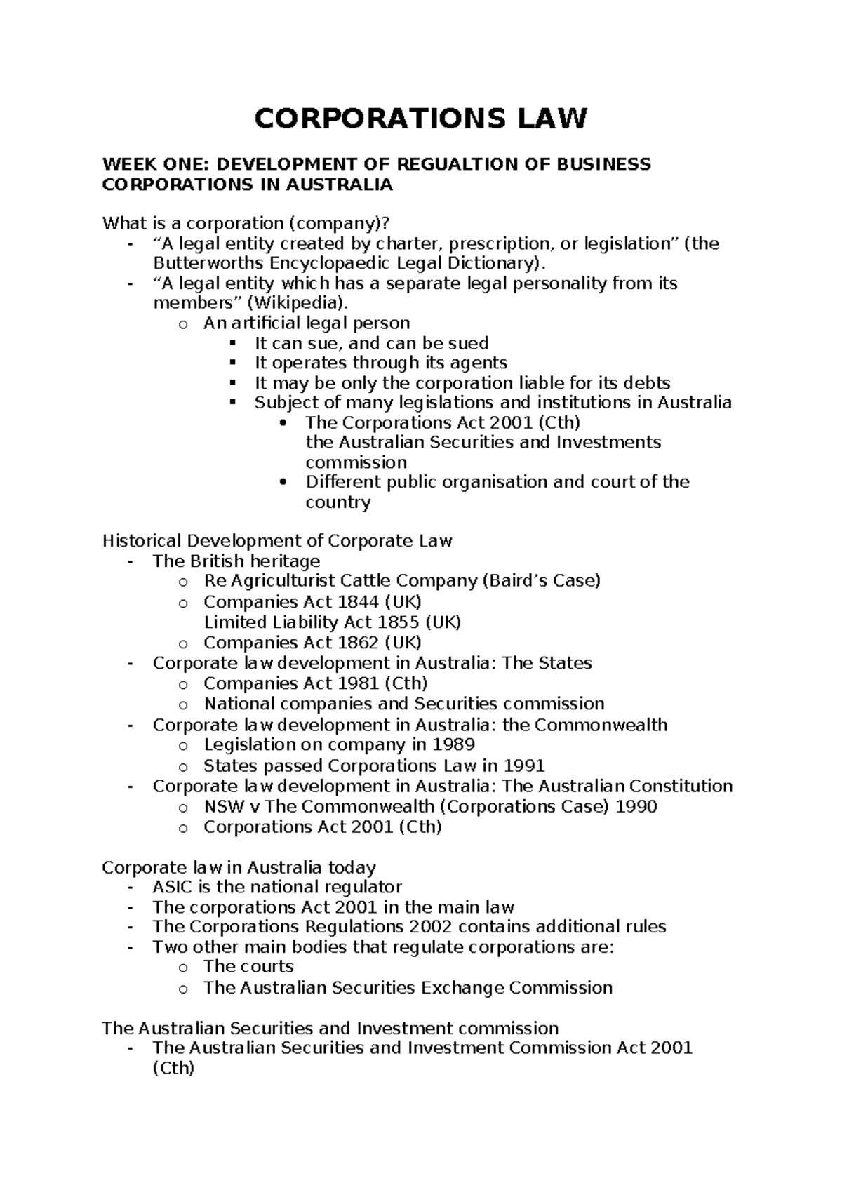 Corporations Law Notes for LAW101: Understanding Business Regulation ...