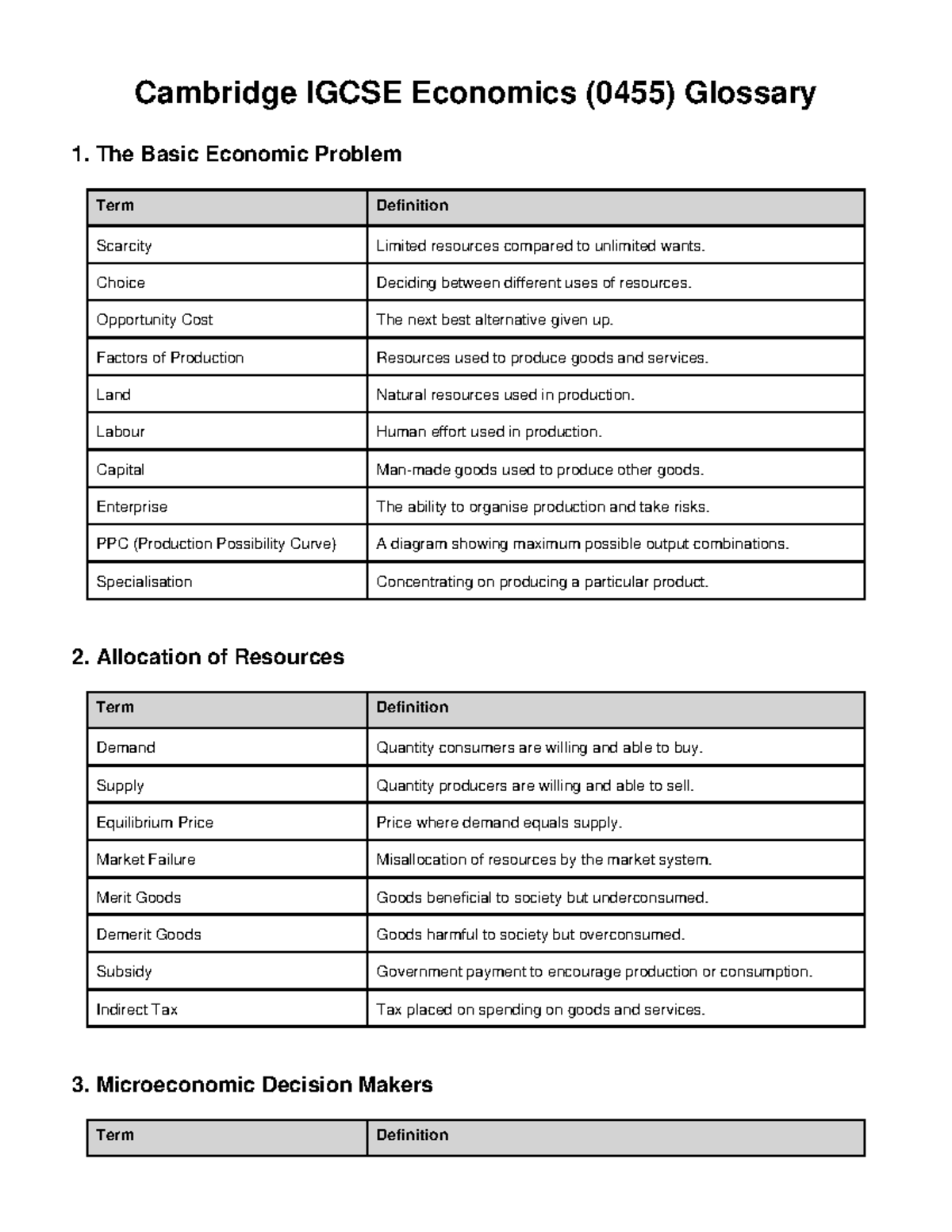 IGCSE Economics (0455) Glossary: Key Terms and Definitions - Studocu