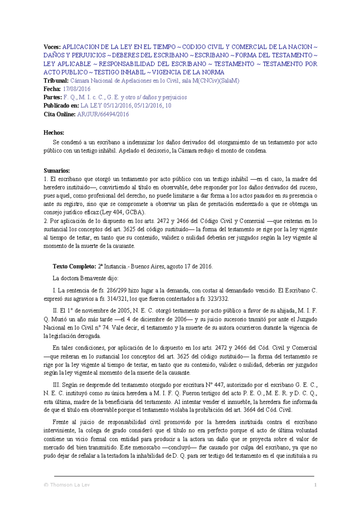 Responsabilidad del Escribano: Caso de Testigo Inhábil (CNCiv)(SalaM ...