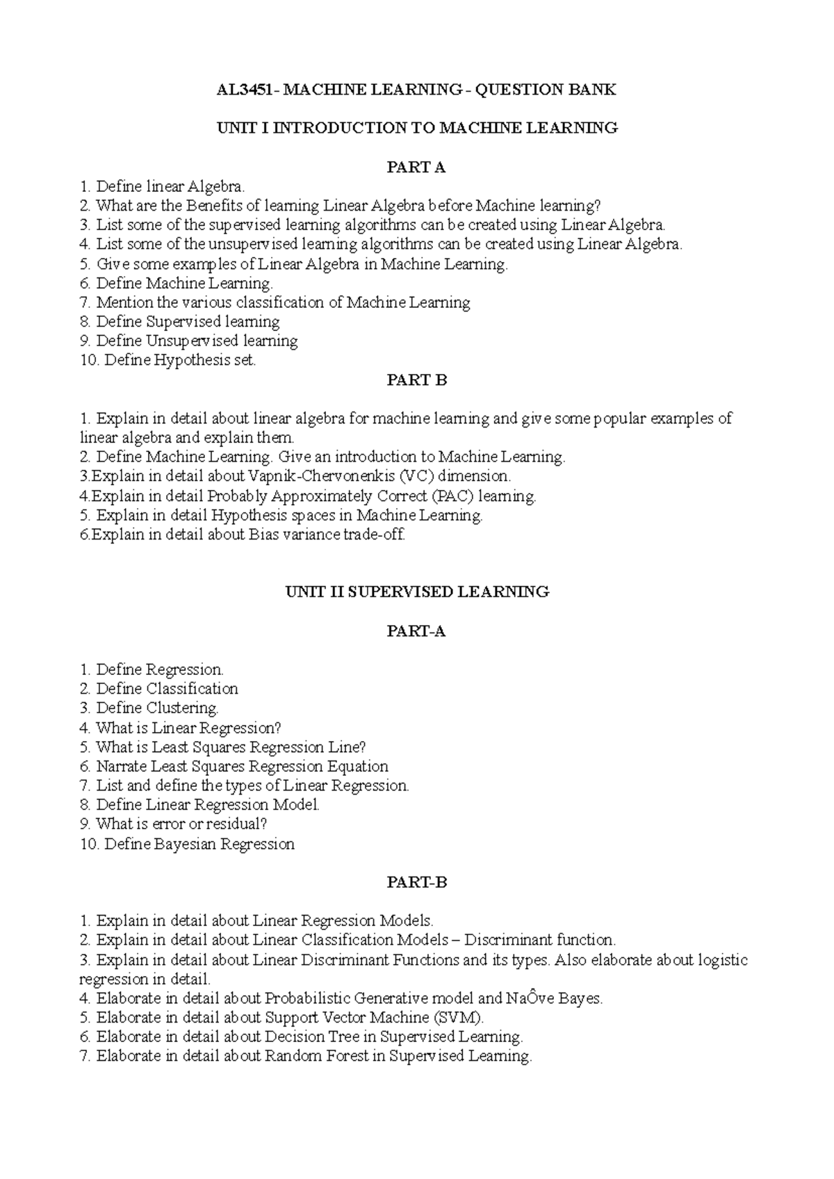 MACHINE LEARNING QUESTION BANK (ML101) - UNIT I TO IV NOTES - Studocu