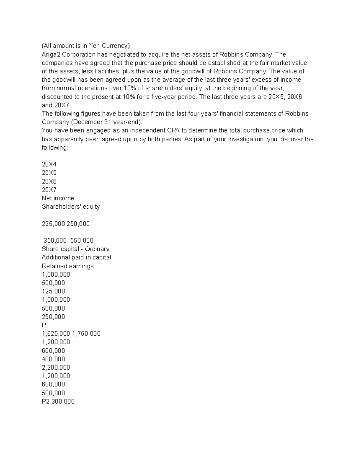 Ariga2 Corp. Asset Acquisition Analysis and Goodwill Calculation - Studocu