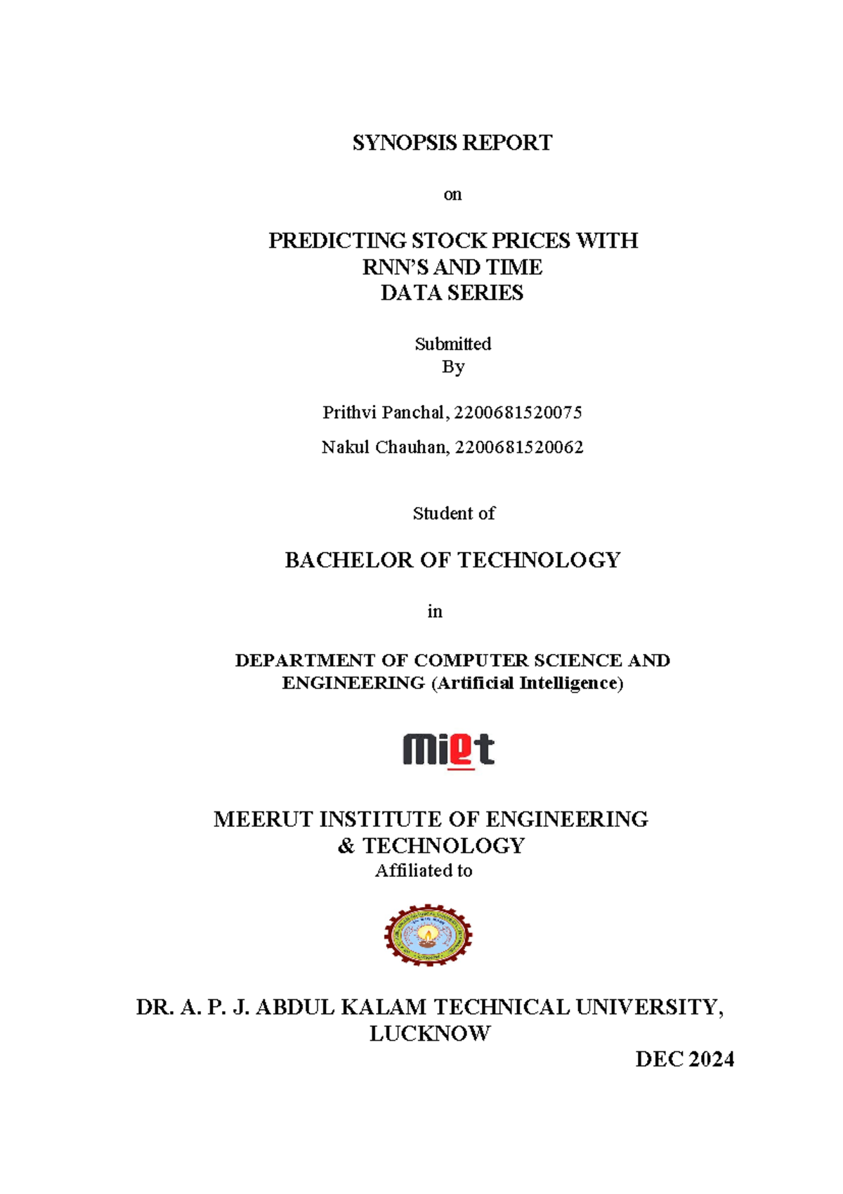 2 synop 1 - lec - SYNOPSIS REPORT on PREDICTING STOCK PRICES WITH RNN’S ...
