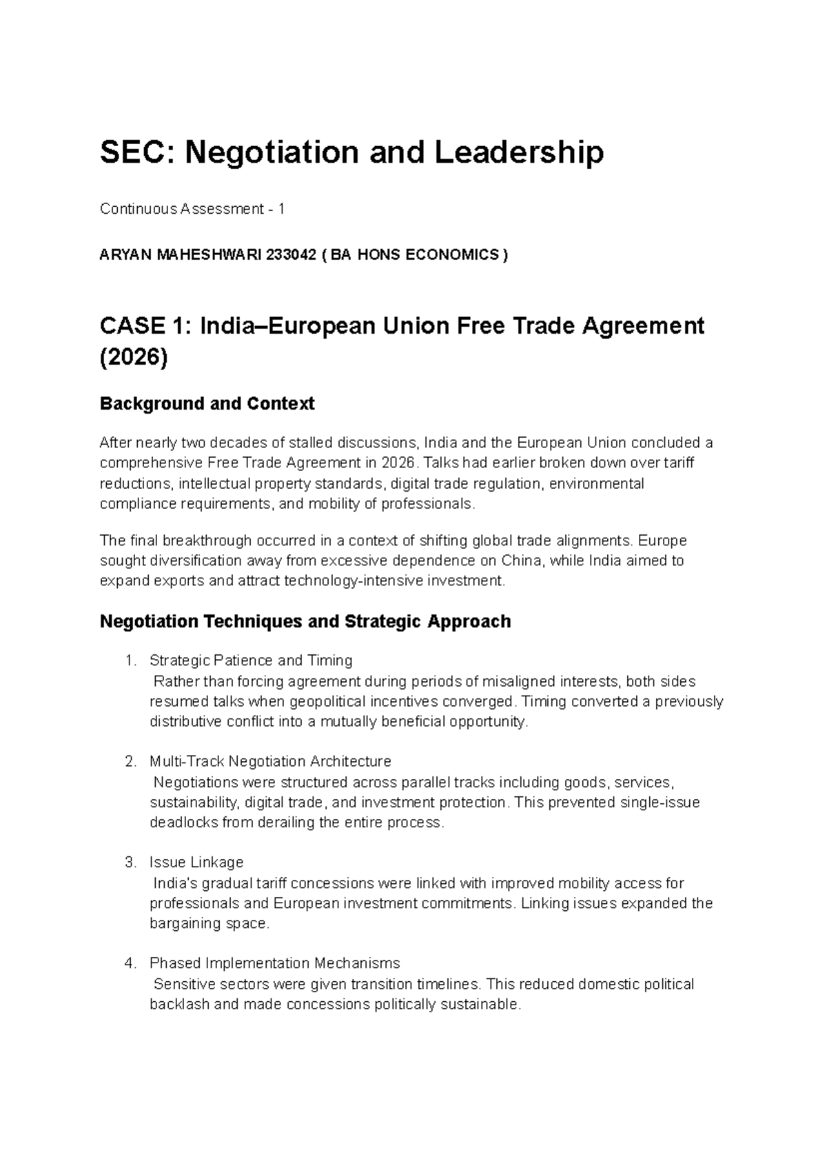 SEC: Negotiation & Leadership CA1 - Union Free Trade Agreement Analysis ...