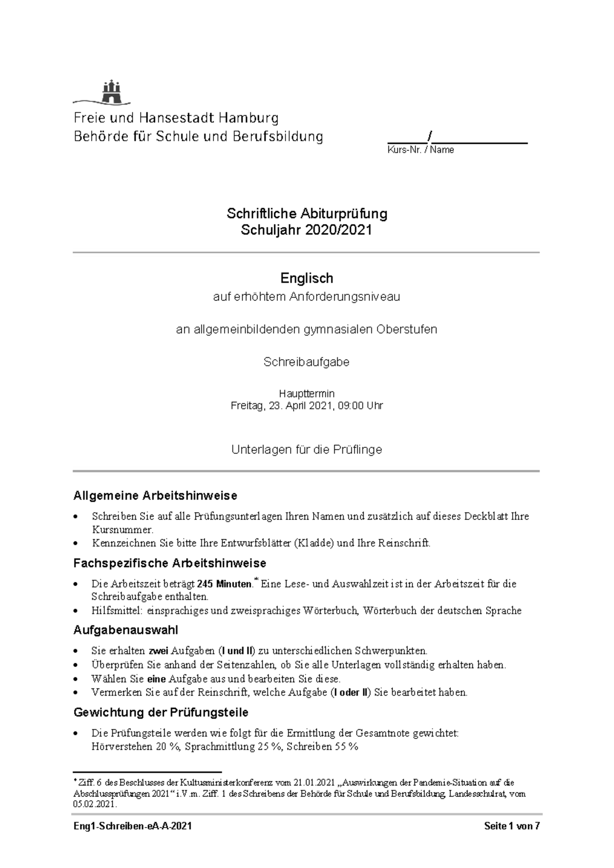 Eng1-Abitur 2021 - Schriftliche Prüfungsaufgaben und Anleitungen - Studocu