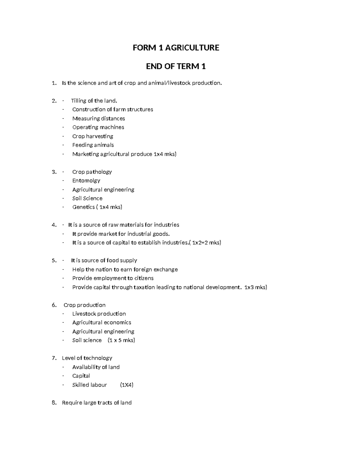 Agriculture F1 End of Term Marking Scheme and Study Guide - Studocu