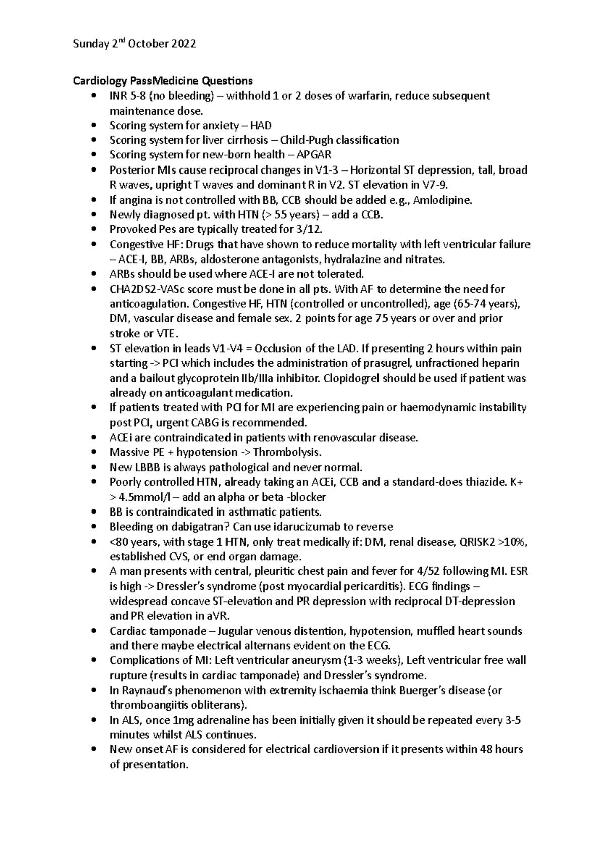 Final Exam Cardiology PassMed Questions and Key Concepts - Studocu