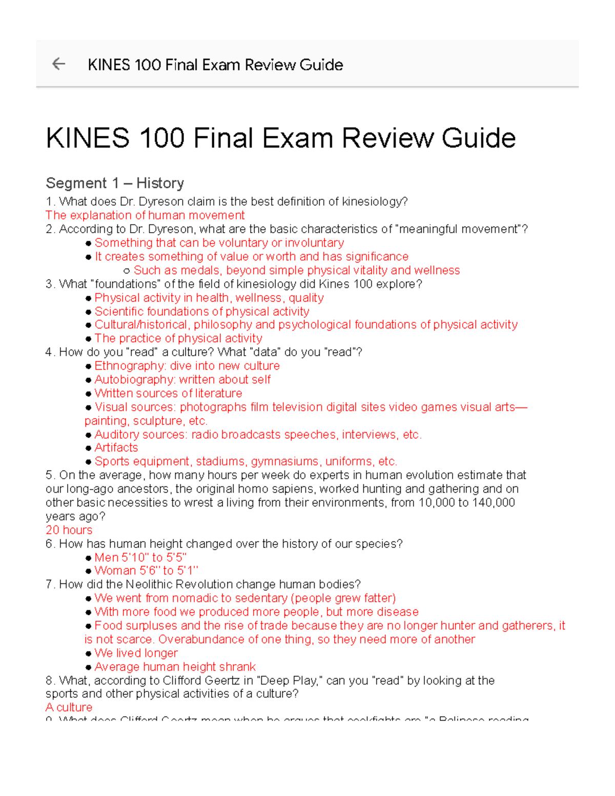 KINES 100 Final Exam Study Guide: Key Concepts & Insights - Studocu