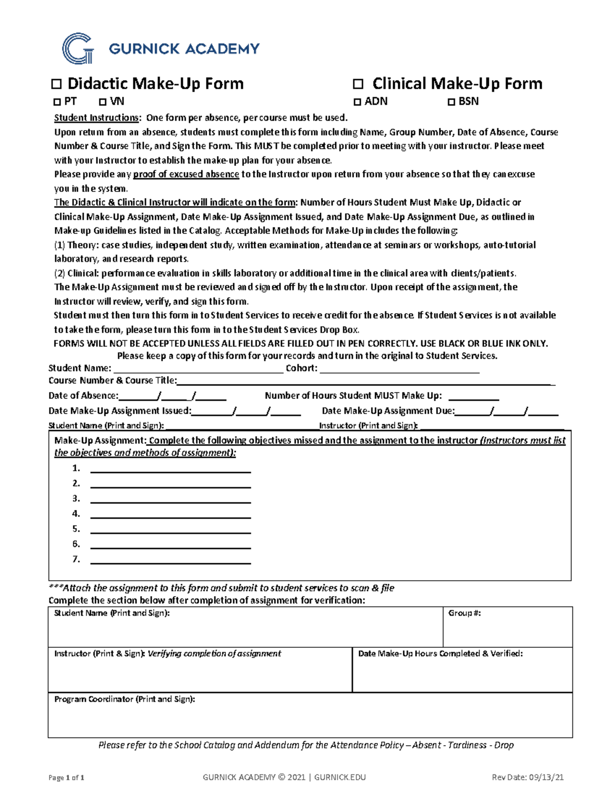 Didactic & Clinical Make-Up Form for PT, VN, ADN, BSN Courses - Studocu