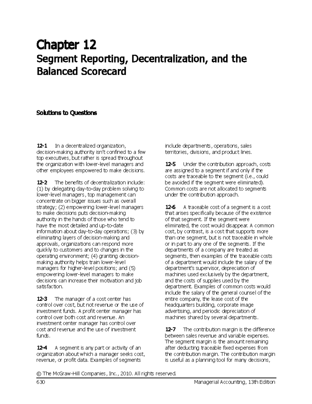 Managerial Accounting Ch12: Segment Reporting & Balanced Scorecard ...