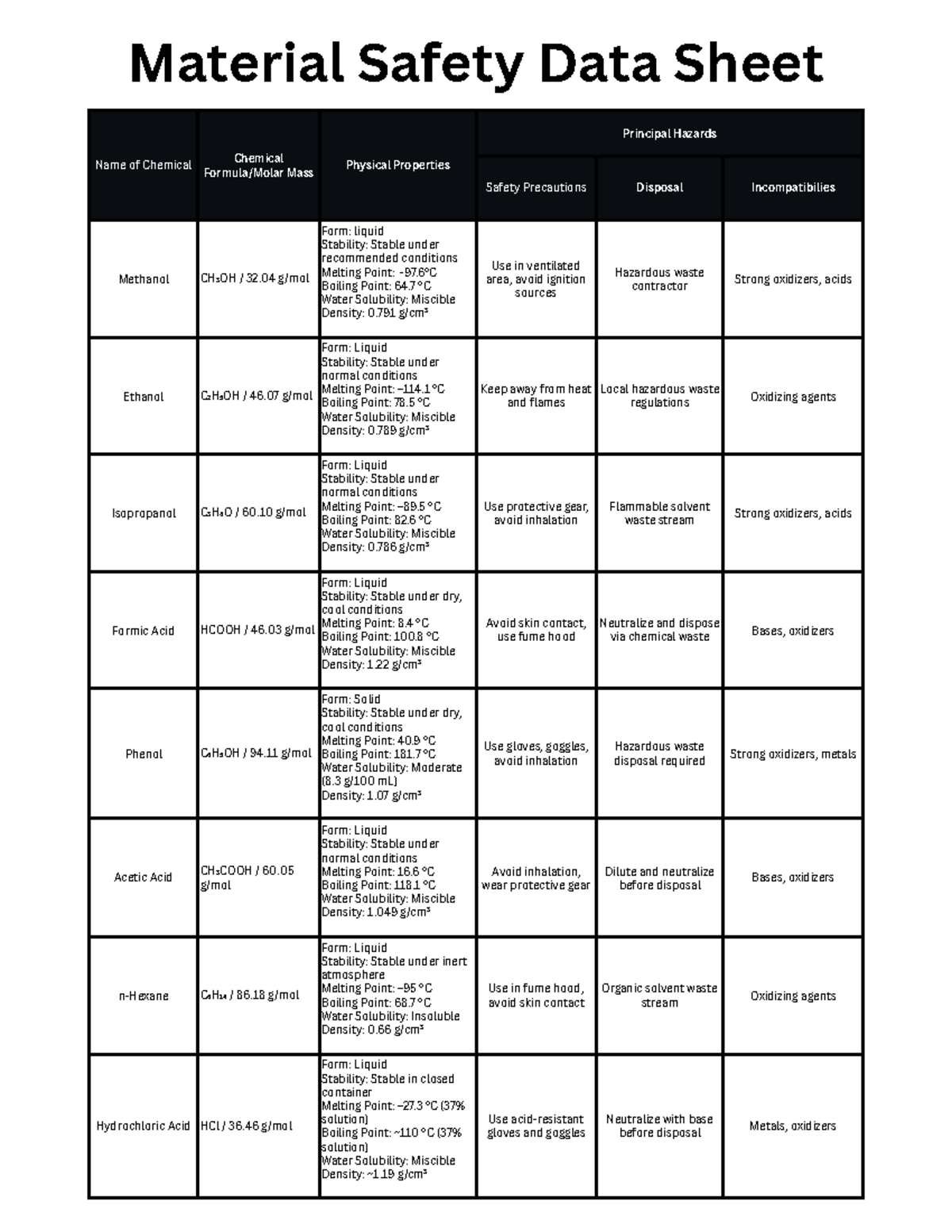 Material Safety Data Sheet (MSDS) for Chemicals and Hazards - Studocu