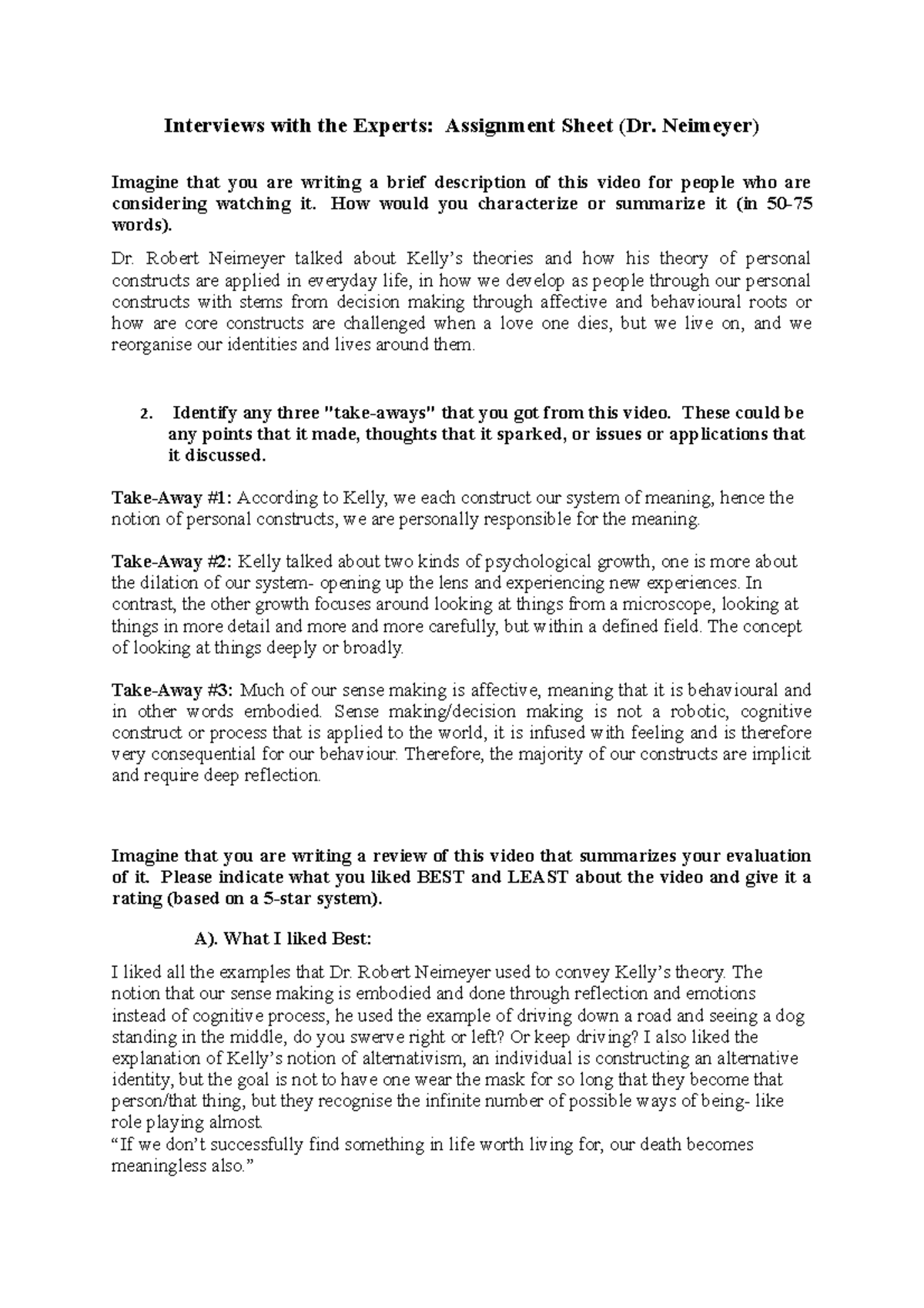 Interviews with Experts Reflection Sheet (Assignment 8) – Dr. Neimeyer ...