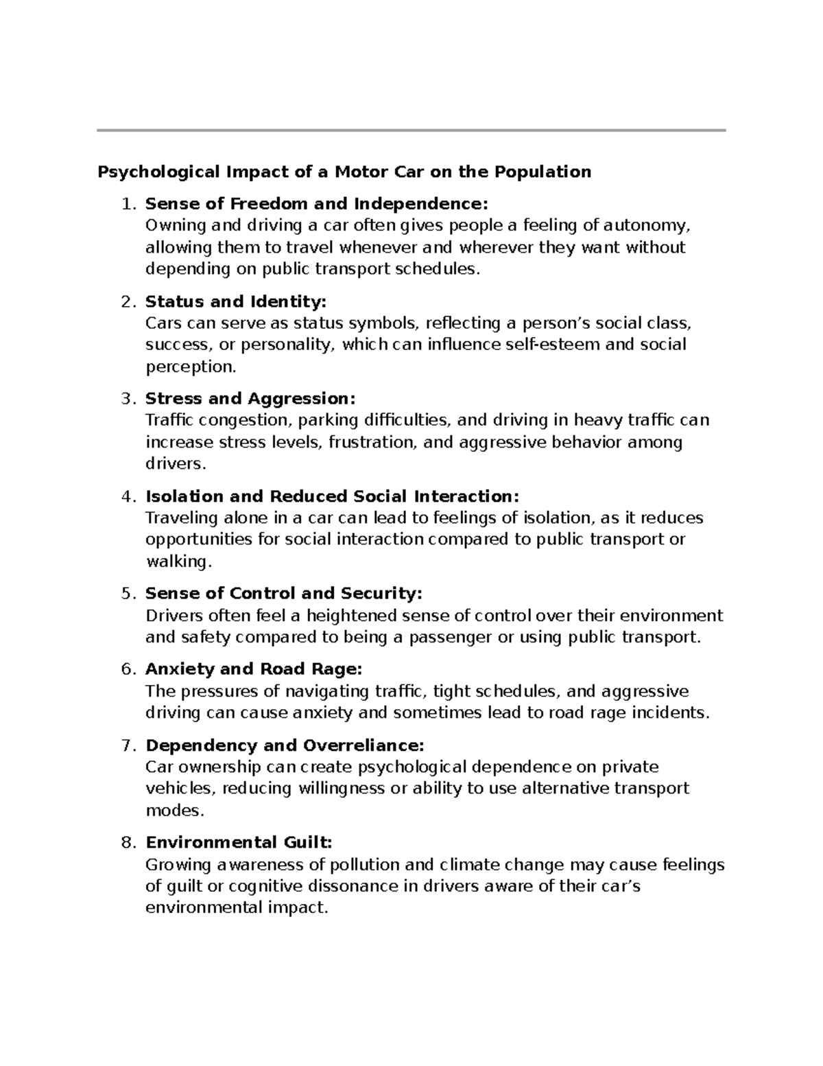 Psychological Effects of Car Ownership on Society: A Study - Studocu