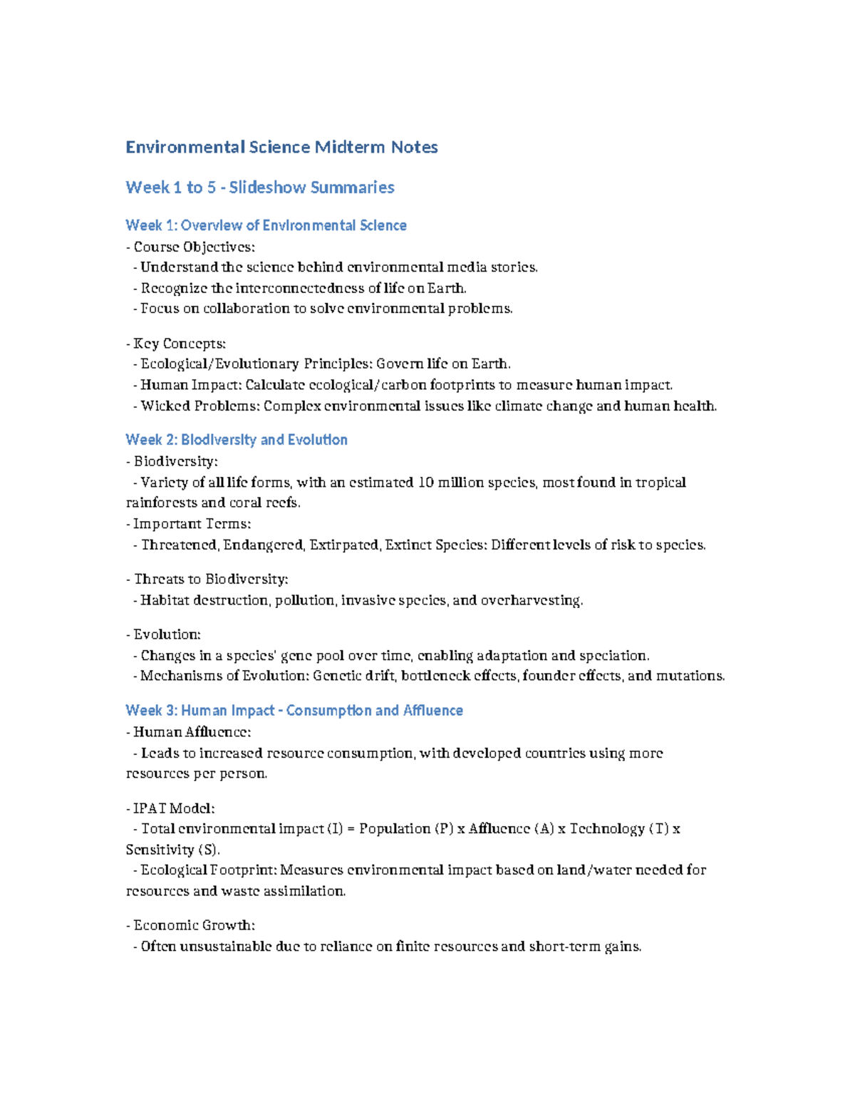 Final Exam Notes for ENV 101: Environmental Science Midterm Summary ...