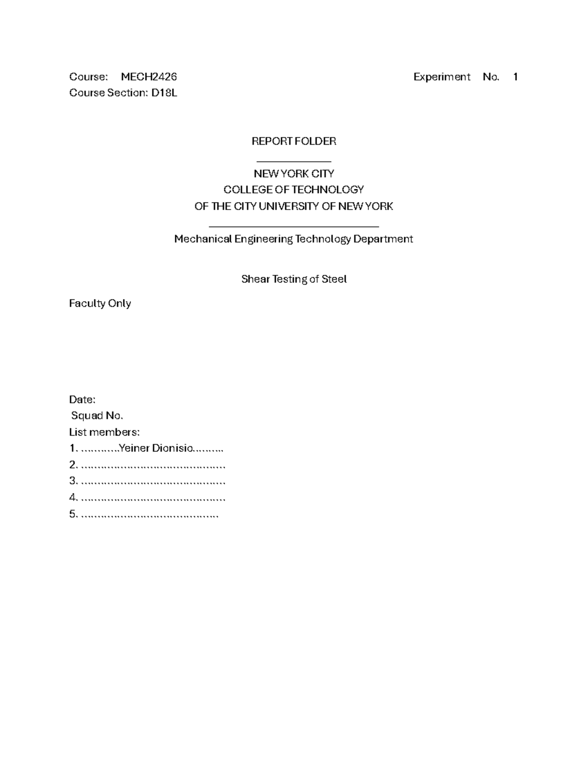 MECH2426 D18L Shear Testing of Steel Experiment Report - Studocu