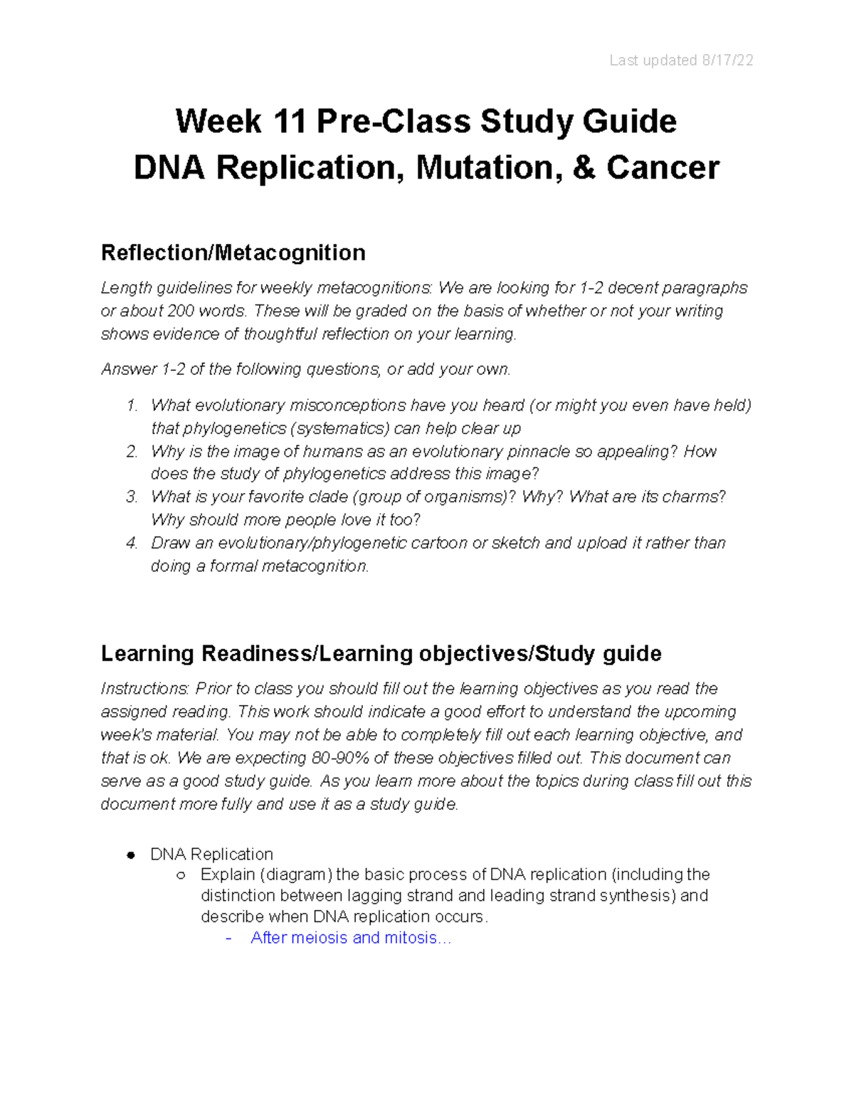 Week 11 Pre-Class Study Guide: DNA Replication, Mutation & Cancer - Studocu