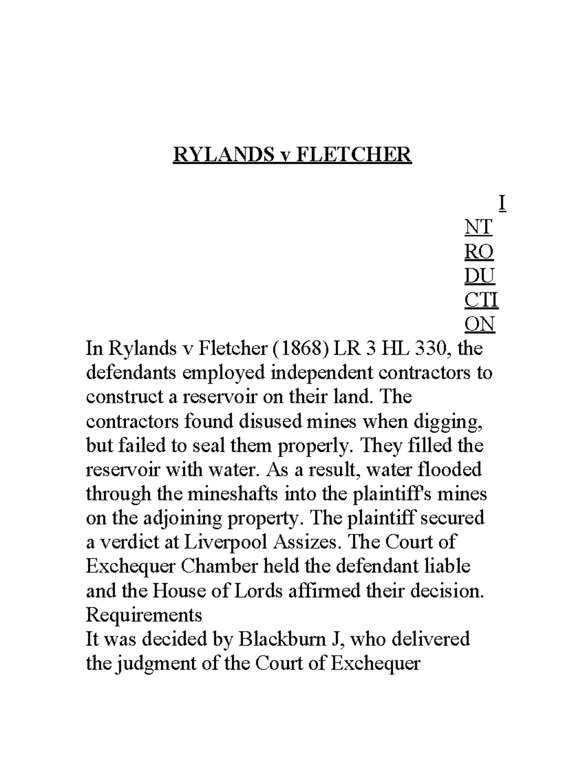 RYLANDS v FLETCHER: Key Case Analysis and Legal Principles - Studocu
