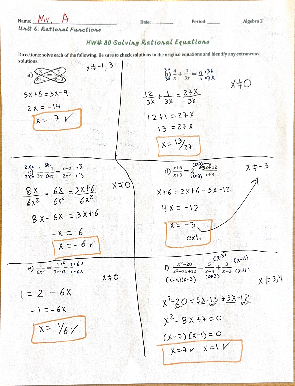 hw 30 answer key - Name: Mr. A Date: Period: Algebra 2 Unit 6: Rational ...
