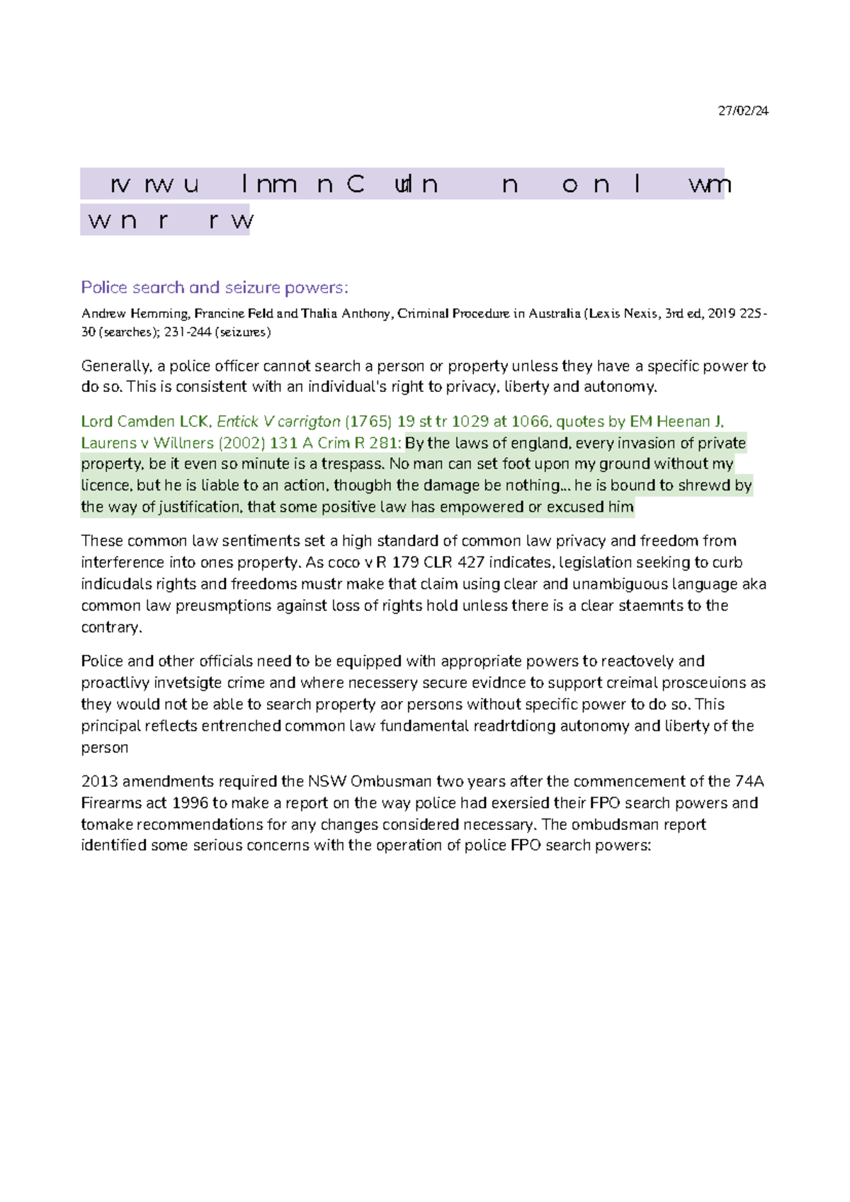 W2C2A - Criminal Procedure I: Police Powers on Search & Seizure - Studocu