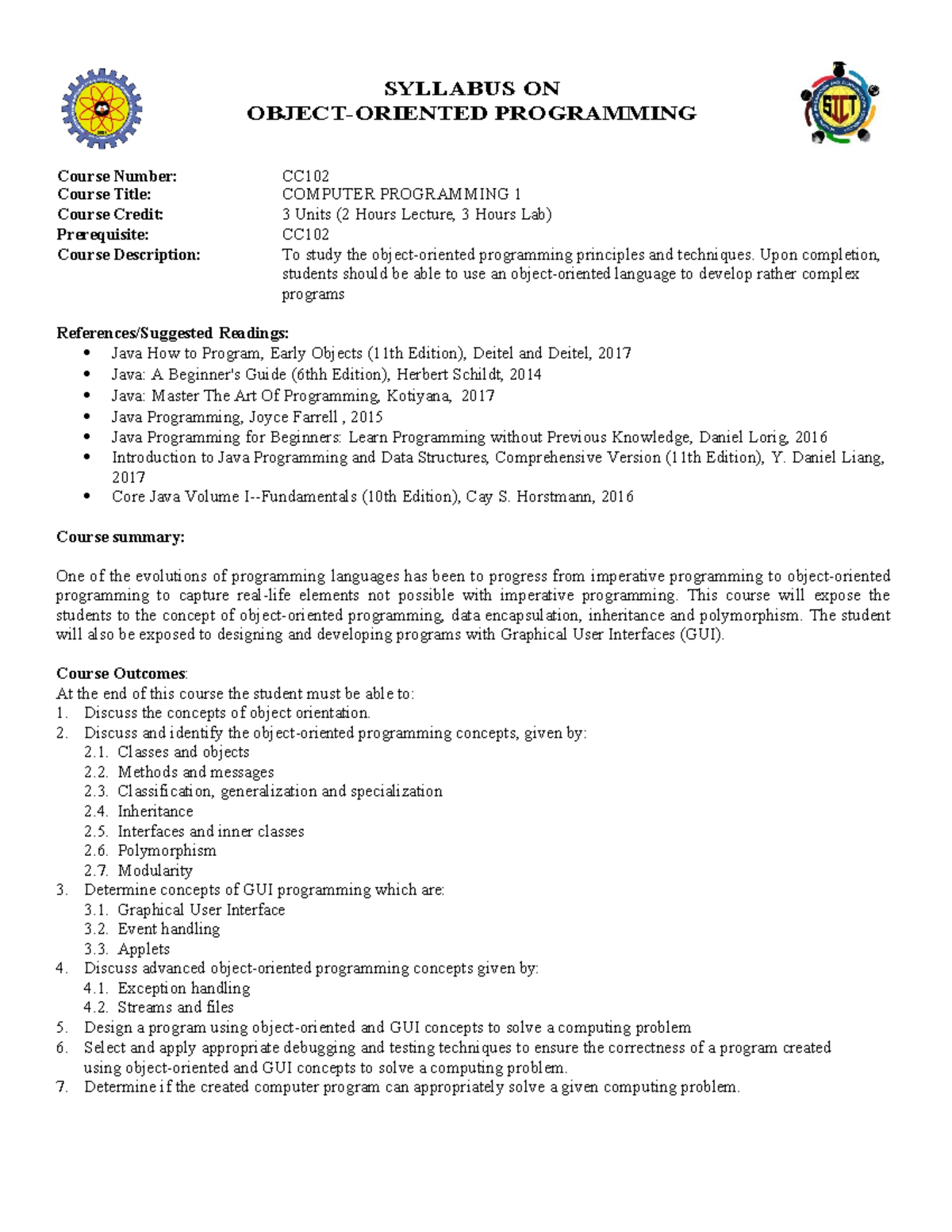 CC102: Syllabus for Object-Oriented Programming Course Overview - Studocu