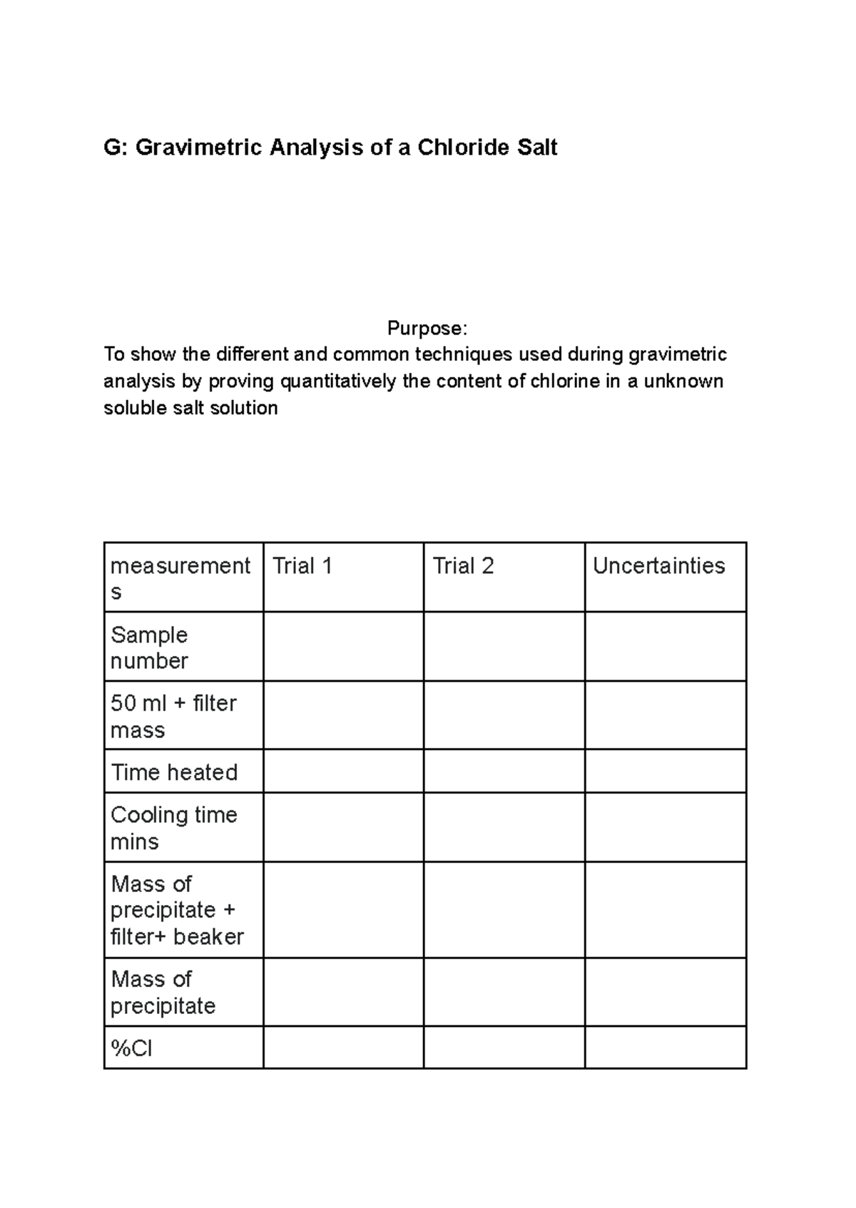 G pre lab - Pre lab g - G: Gravimetric Analysis of a Chloride Salt ...