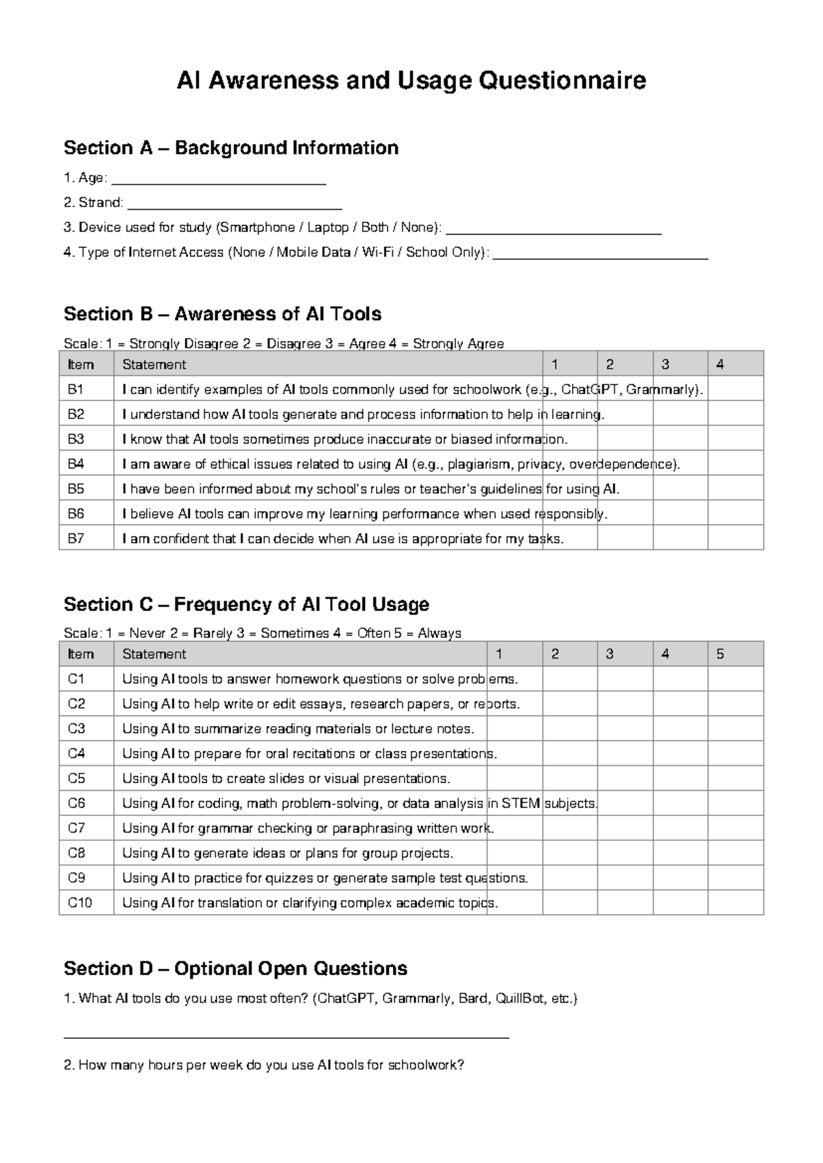 AI Awareness and Usage Questionnaire (Version 2) - Studocu