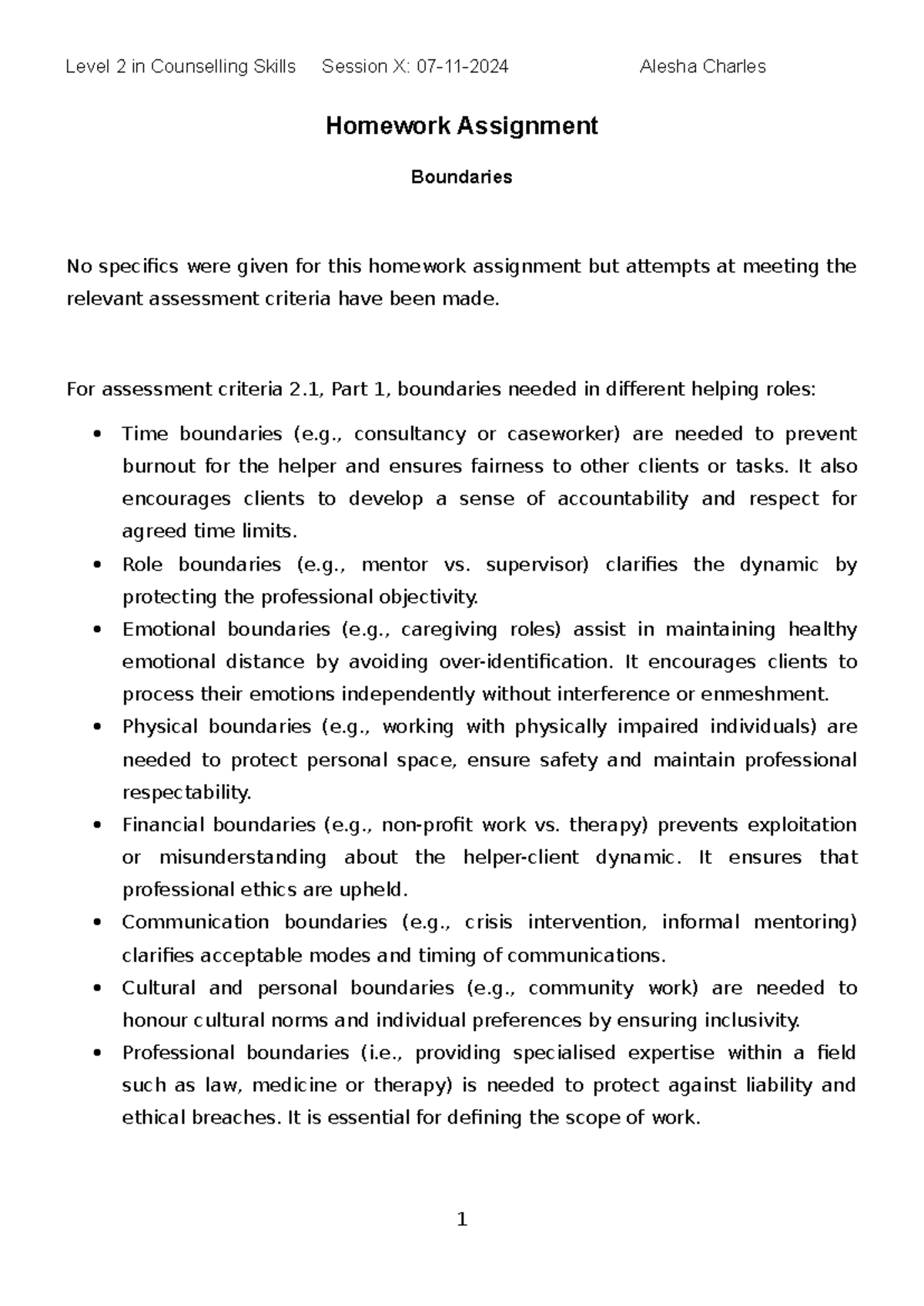 Homework Assignment: Boundaries - Level 2 in Counselling Skills Session ...