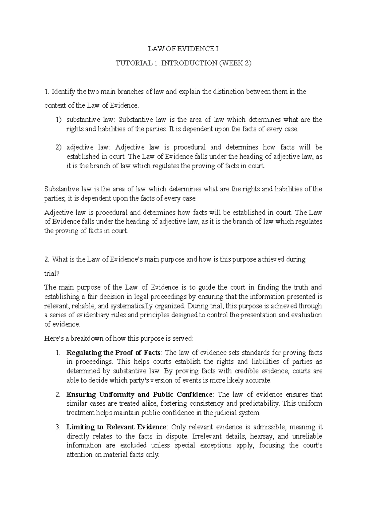 LAW OF EVIDENCE I: Tutorial 2 Questions Analysis and Evaluation - Studocu