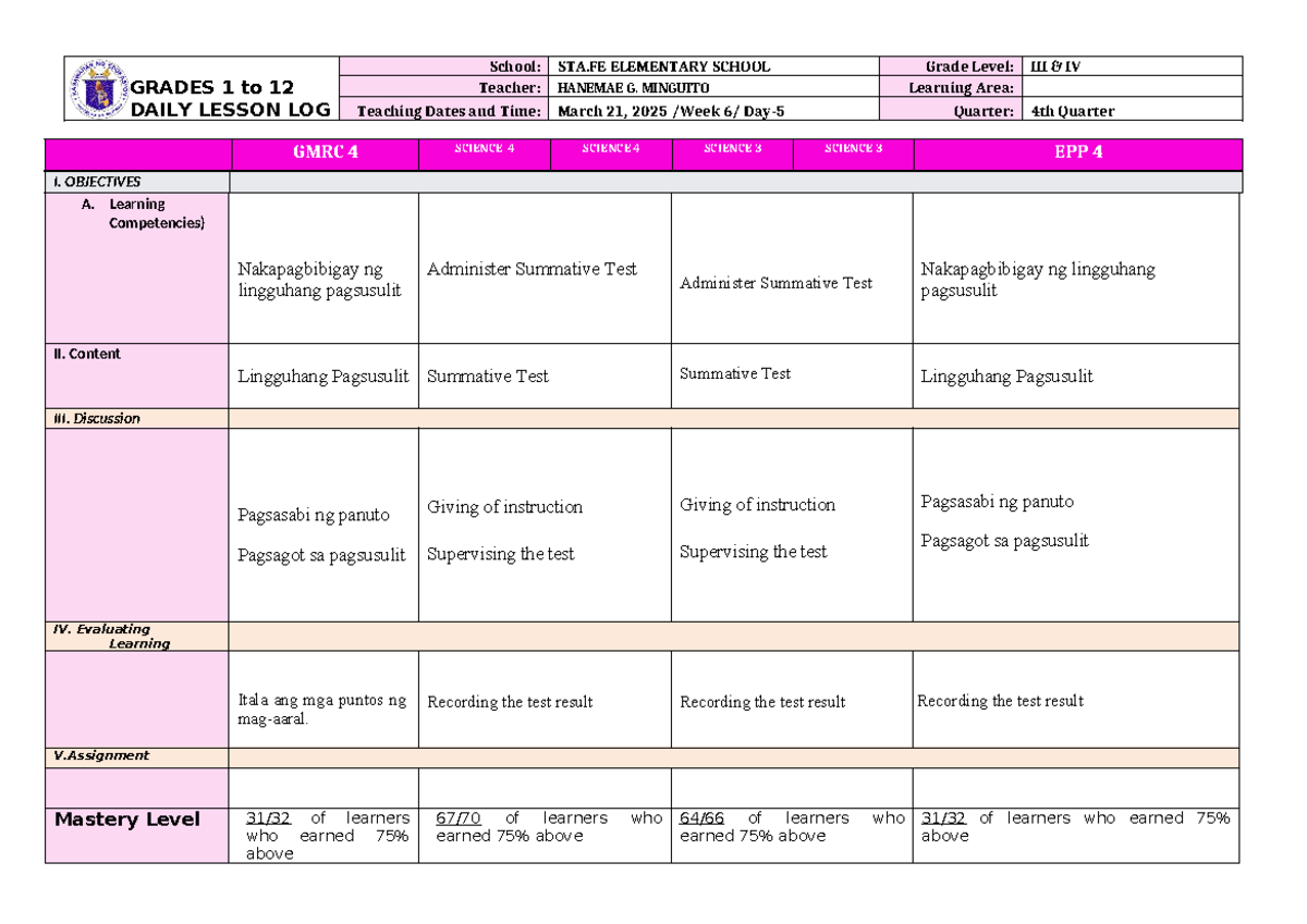 DAY 5 ( March 21, 2025) - Daily lesson plan - GRADES 1 to 12 DAILY ...