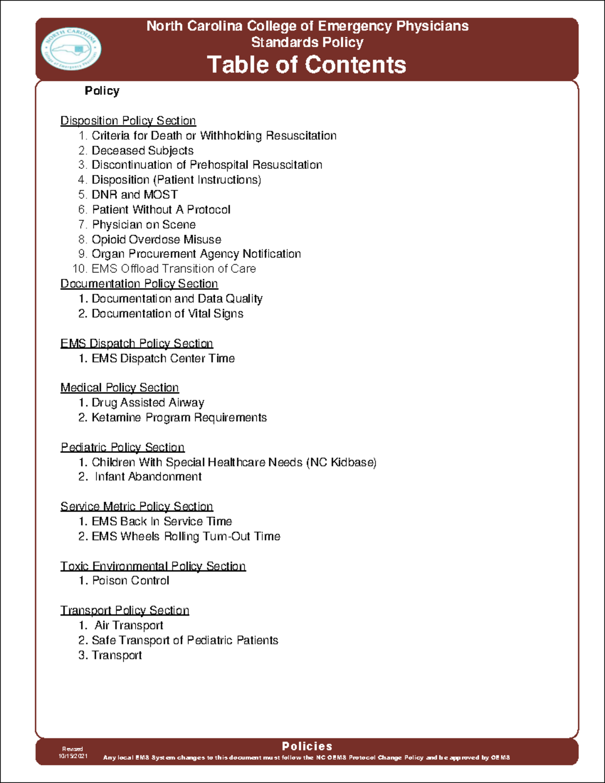 North Carolina College of Emergency Physicians: Combined Standards ...