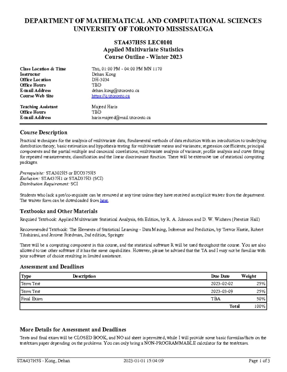 20231 STA437H5S Applied Multivariate Statistics Course Syllabus - Studocu