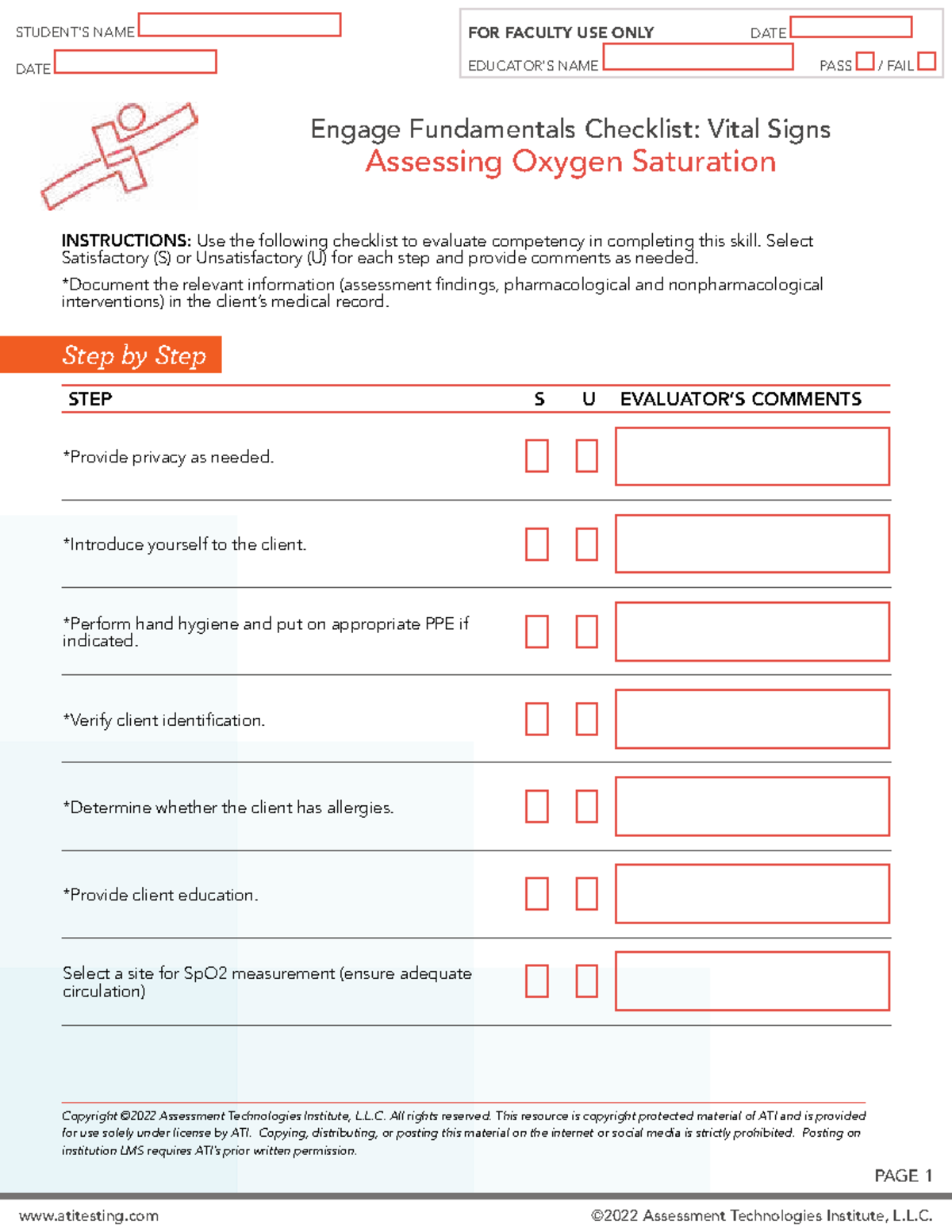 NUR 101: Skills Checklist for Vital Signs - O2 Saturation Assessment ...