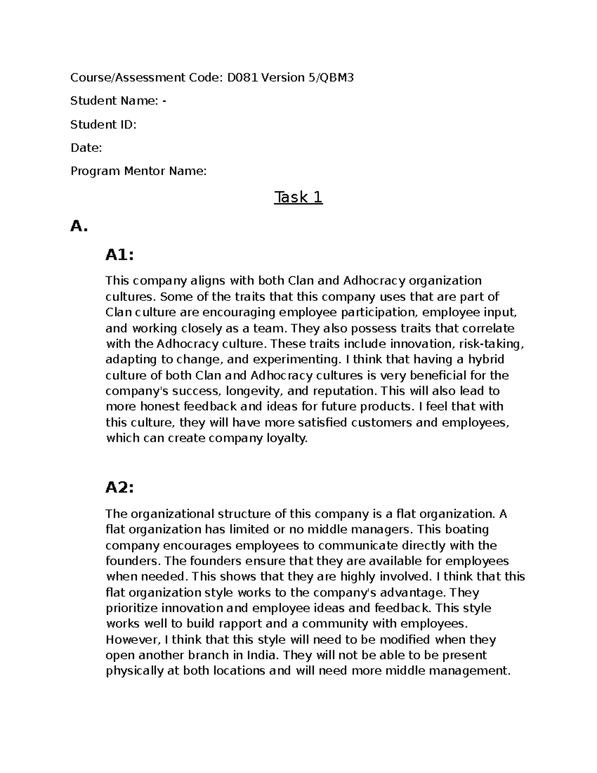 D081 Task 1: Organizational Culture & Structure Analysis - Studocu
