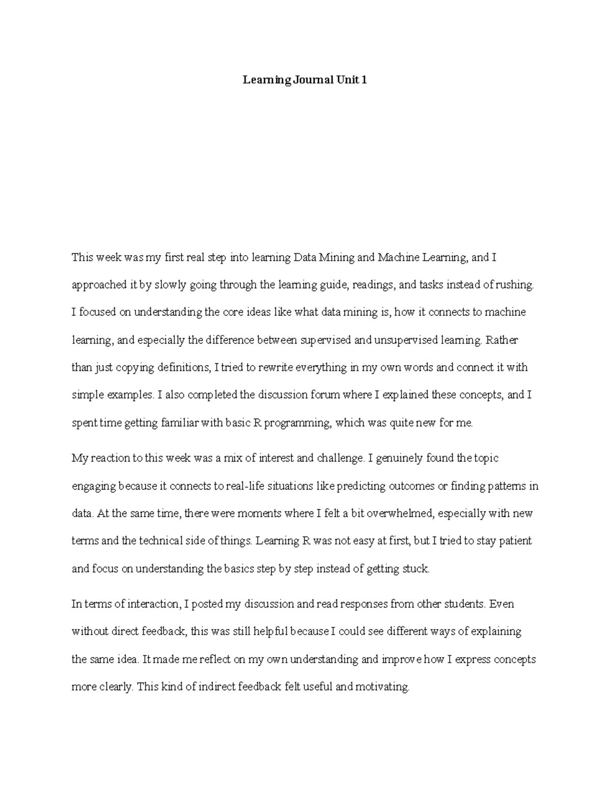 Data Mining & Machine Learning Learning Journal - Unit 1 - Studocu