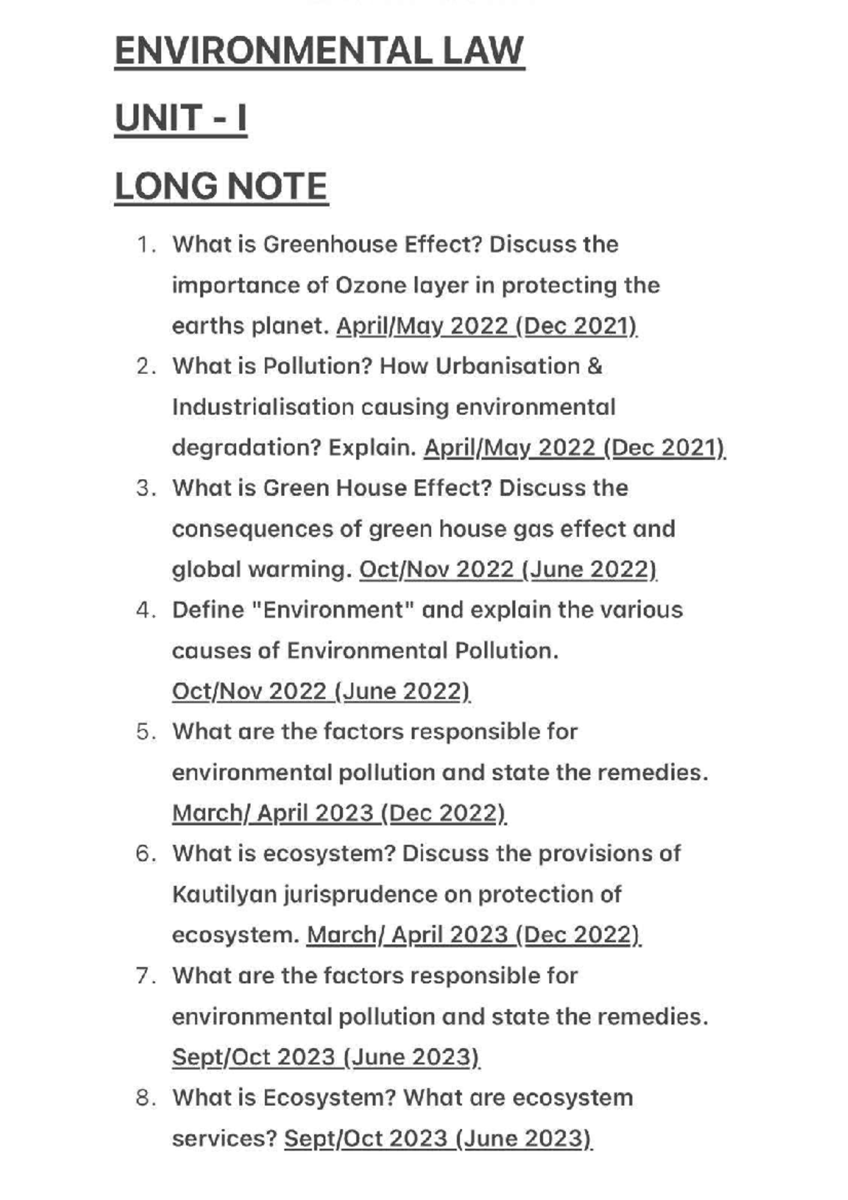 ENV 101 Unit 1 LN - Key Questions on Environmental Law and Pollution ...