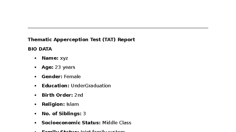 Thematic Apperception Test (TAT) Analysis Report for Client - Studocu
