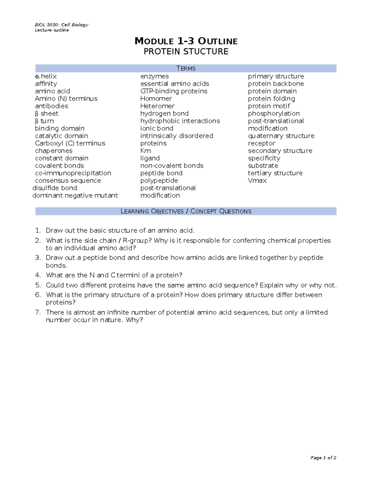 BIOL 3030: Cell Biology Lecture Outline - Protein Structure Review ...