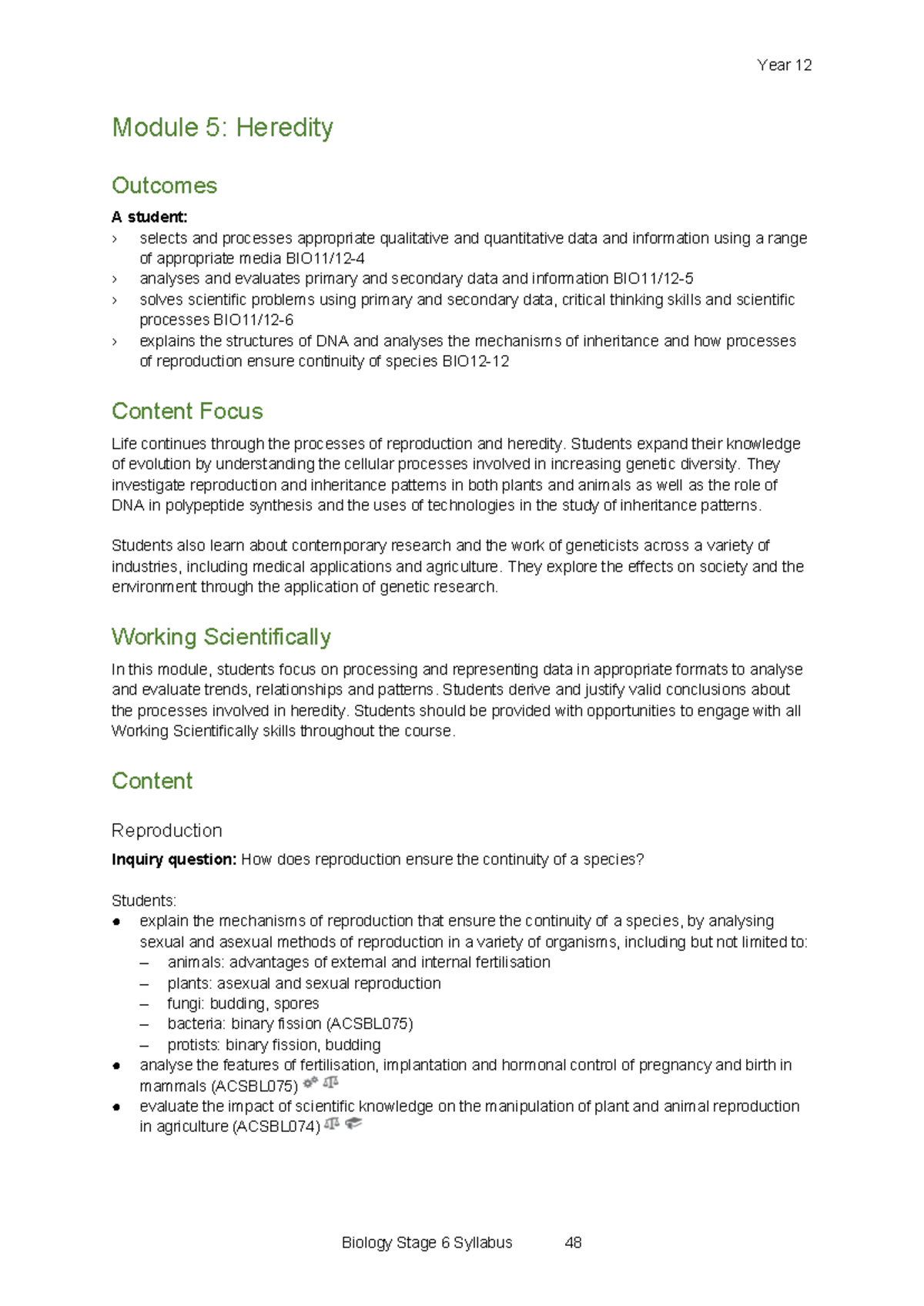 Year 12 Biology Stage 6 Syllabus: Heredity and Genetic Change - Studocu