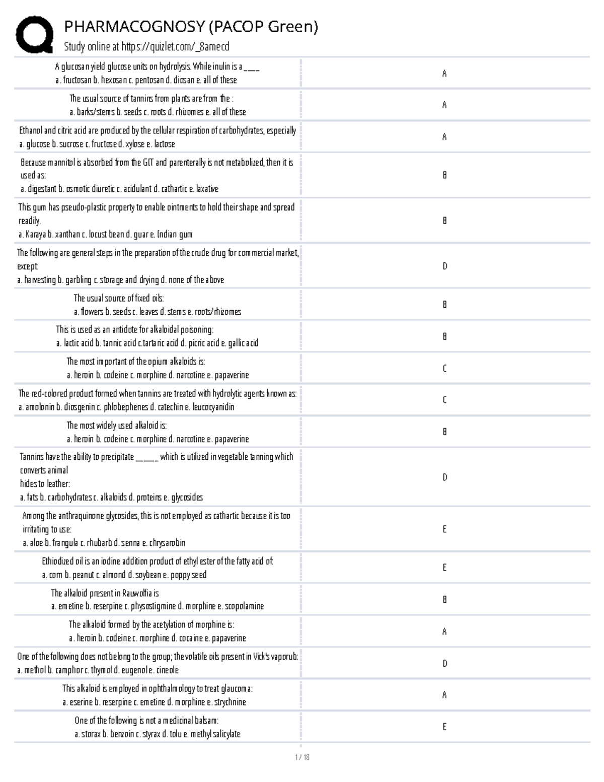 Pharmacognosy (PACOP Green) Study Guide: Key Concepts and Questions ...