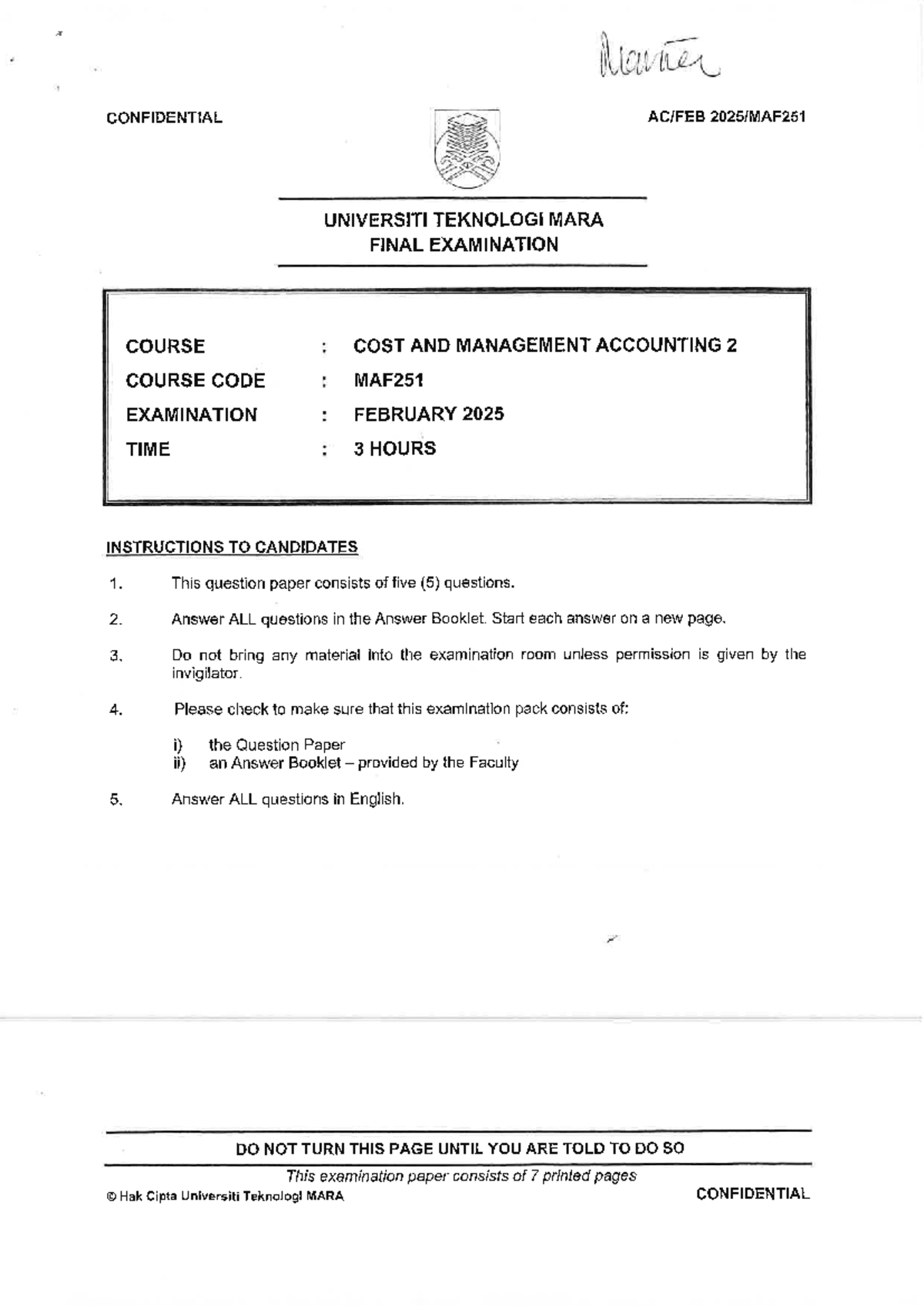 MAF251 Final Exam - Cost and Management Accounting 2 (Feb 2025) - Studocu