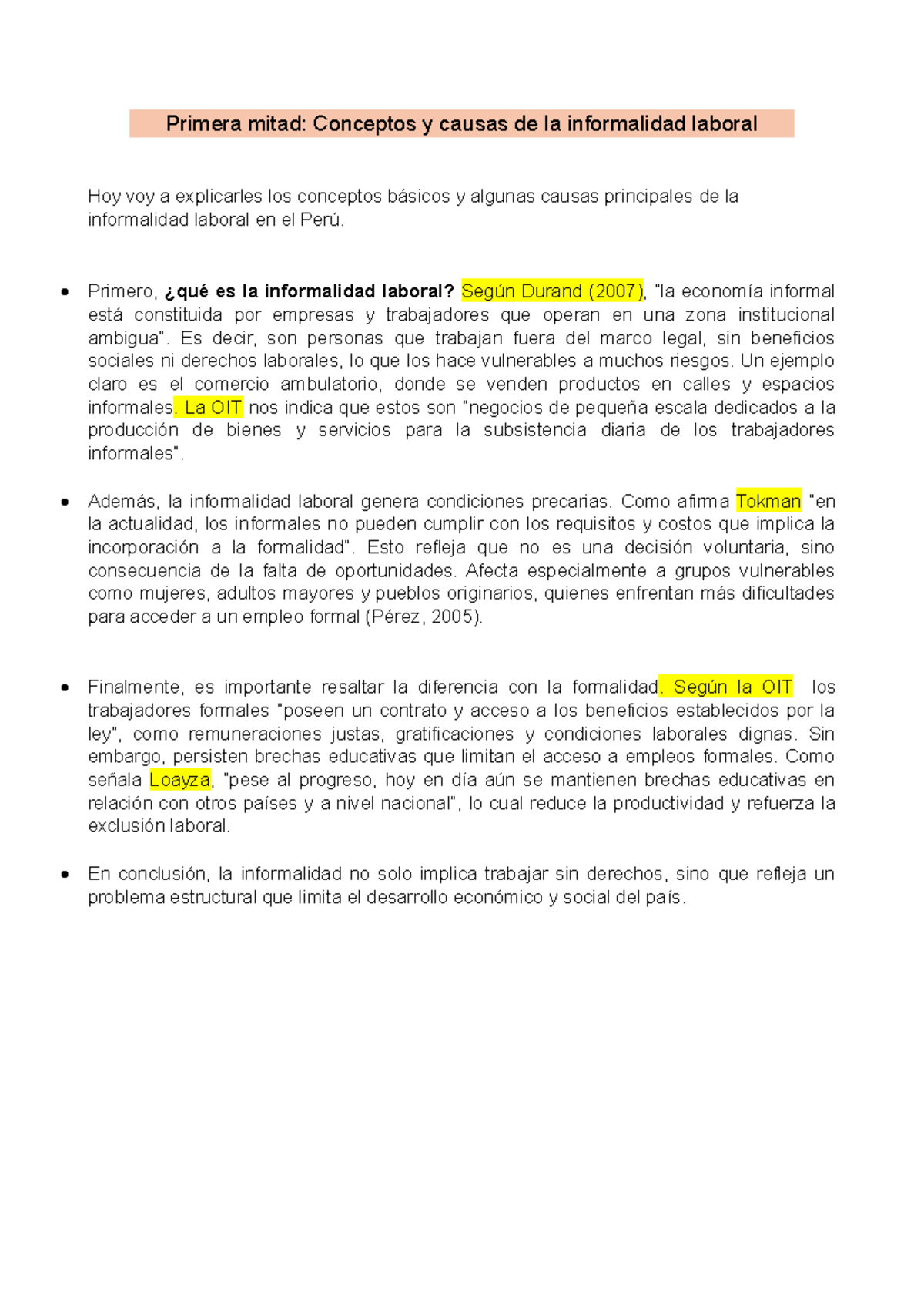 Informe sobre la Informalidad Laboral en Perú: Conceptos y Causas - Studocu