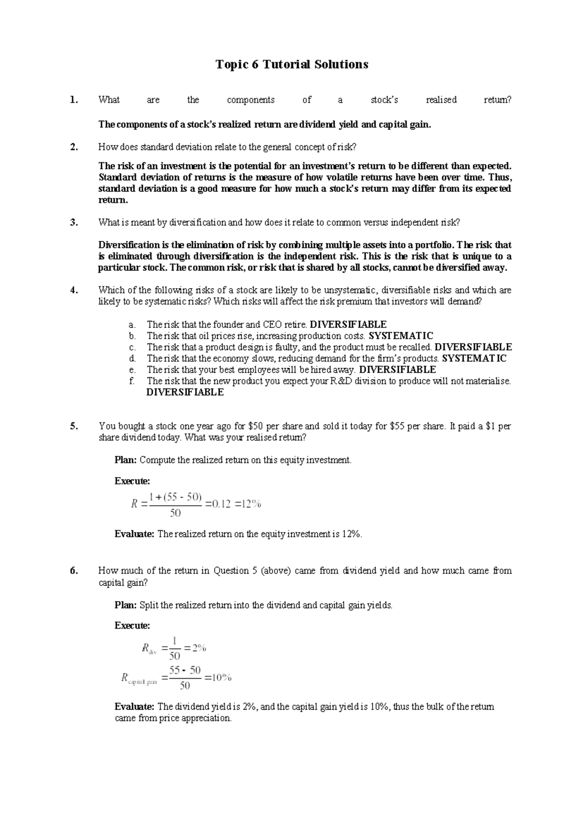 Topic 6 - Tutorial Solutions: Risk and Return in Capital Markets - Studocu