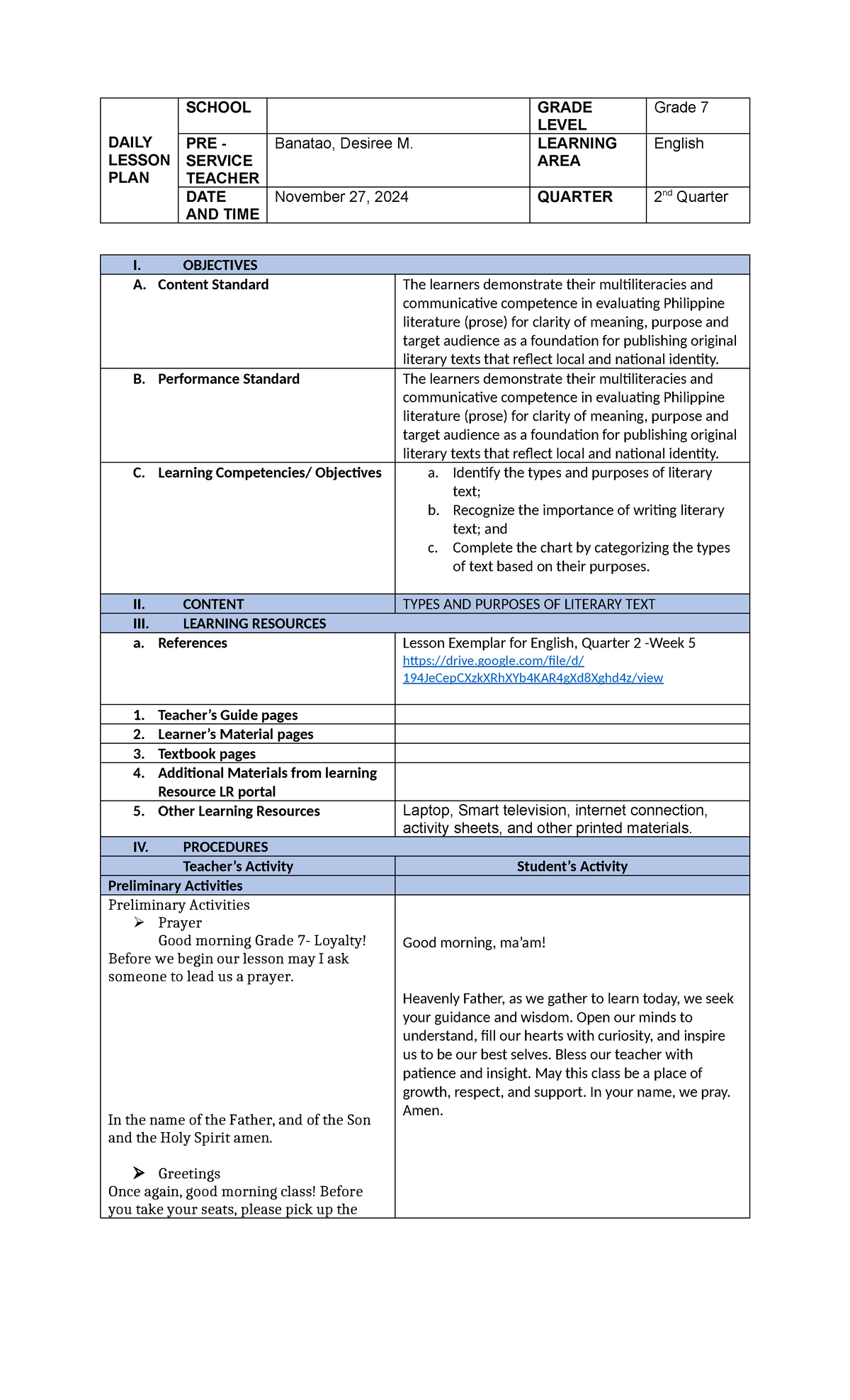 SCHOOL DAILY LESSON PLAN: Purpose of Text & Literary Types (Grade 7 ...