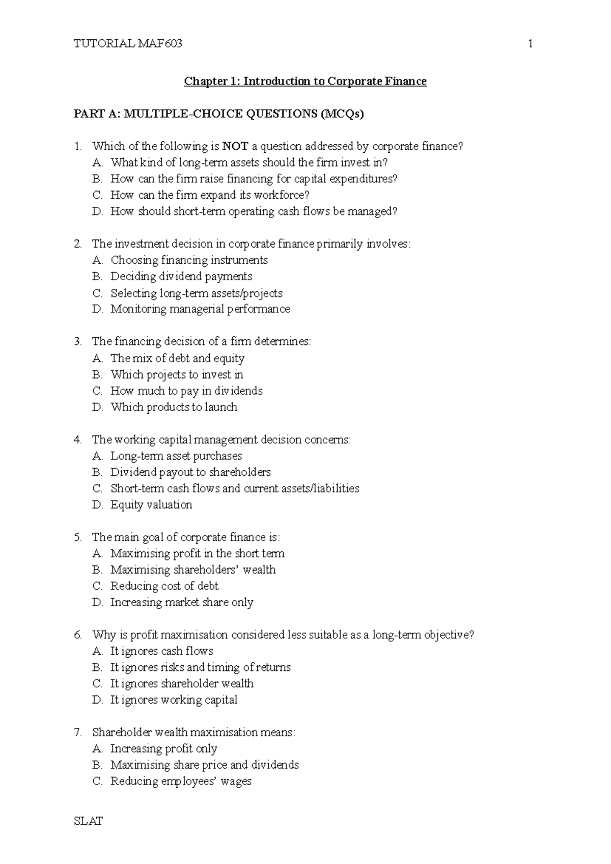 Tutorial MAF603: Chapter 1 - Intro to Corporate Finance MCQs ...