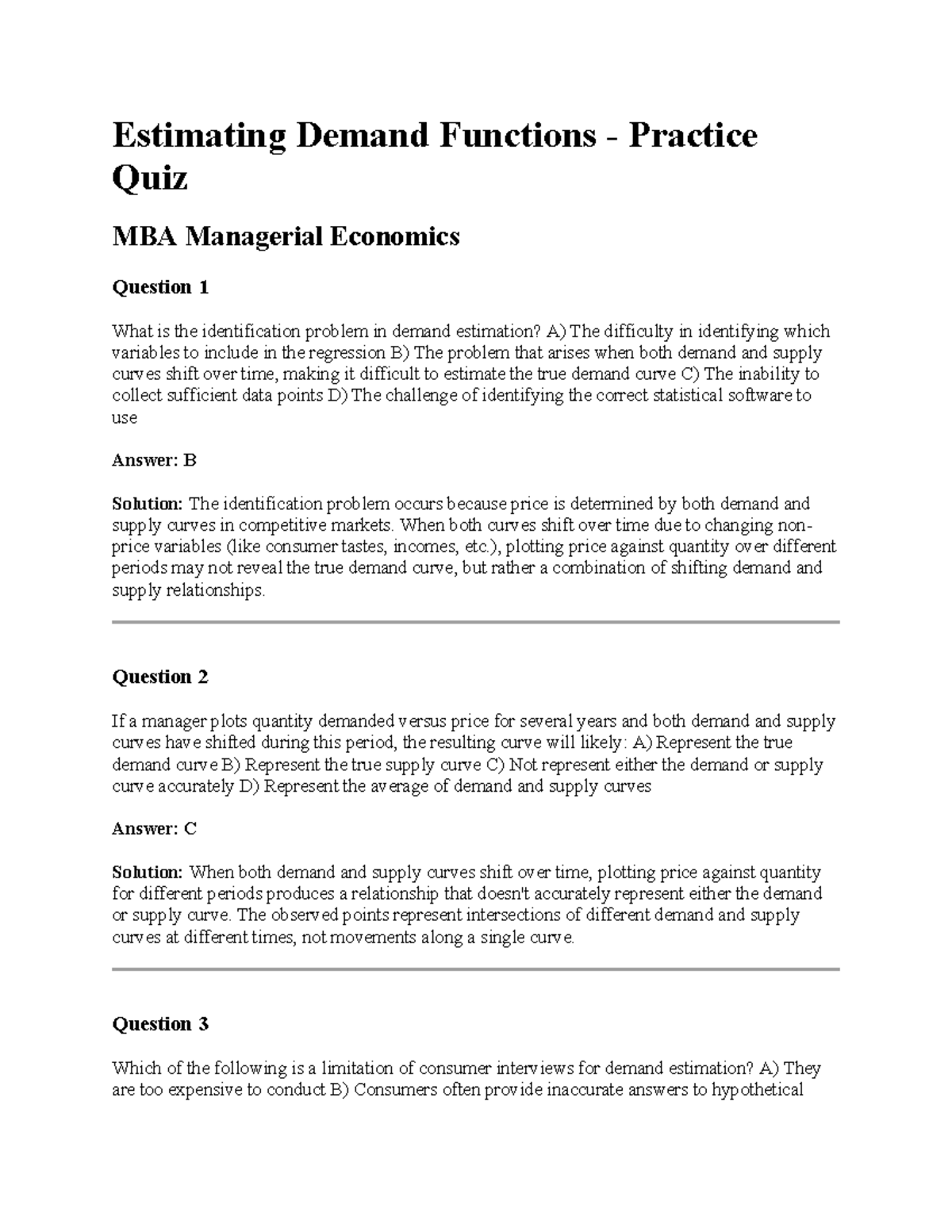 Estimating Demand Functions - MBA Managerial Economics Quiz - Studocu