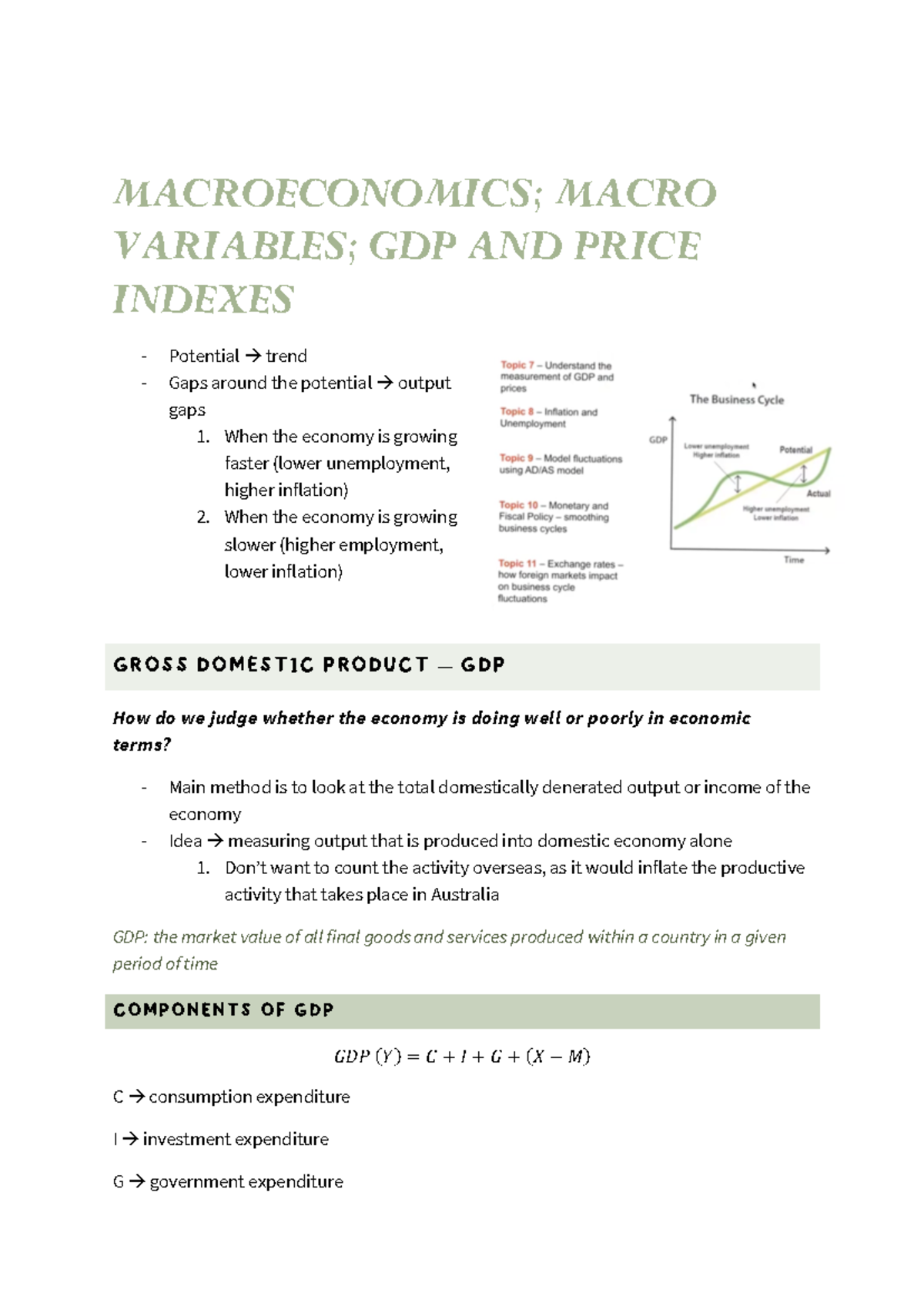 Economics for business final notes 2 - MACROECONOMICS; MACRO VARIABLES ...