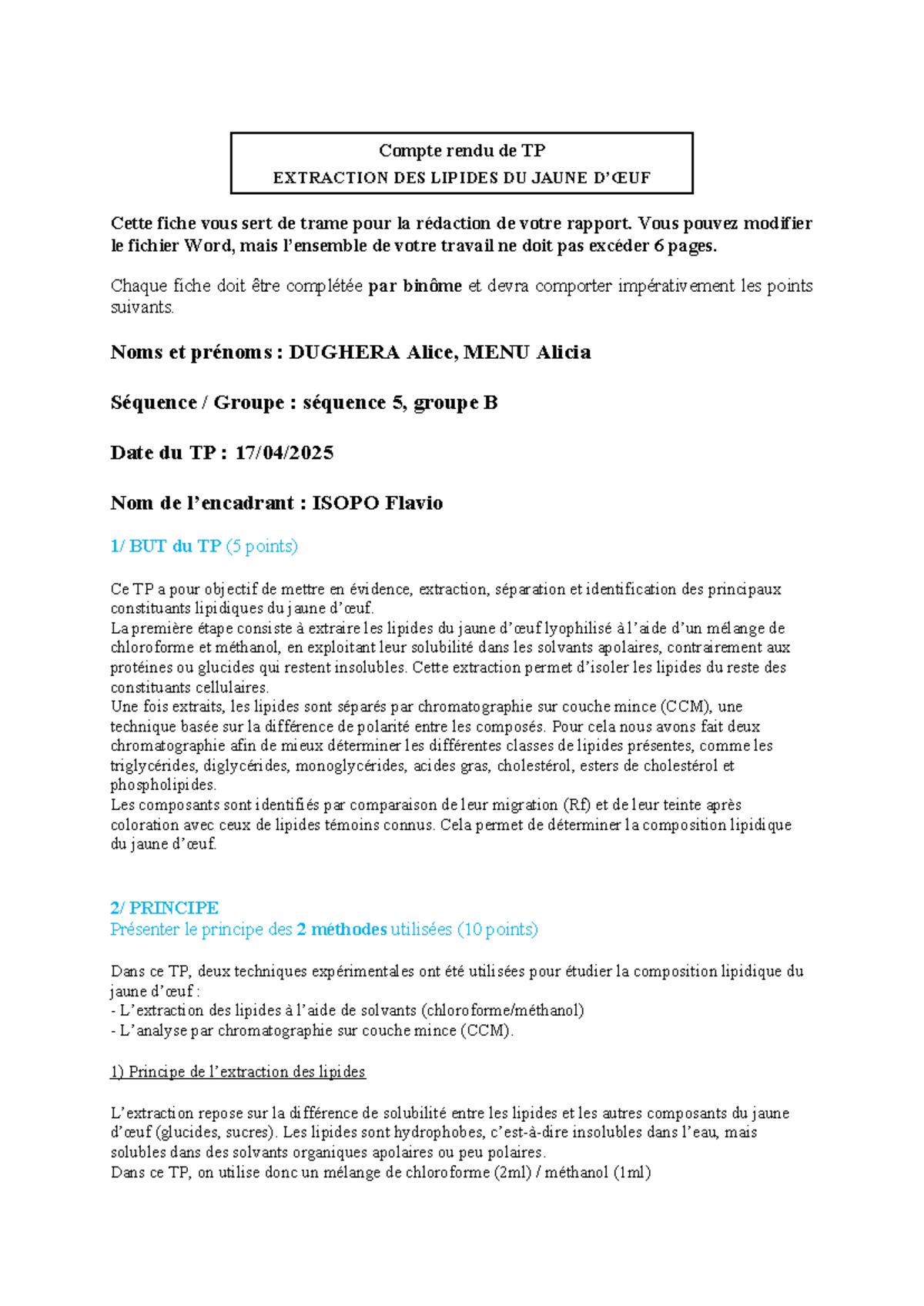 Compte rendu de TP BIO123 : Extraction et Analyse des Lipides du Jaune ...