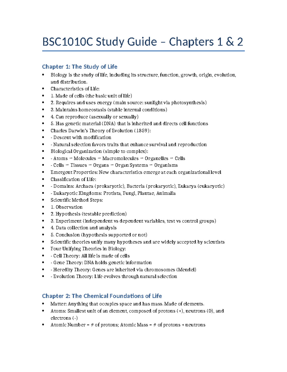 BSC1010C Comprehensive Study Guide: Chapters 1-15 Overview - Studocu