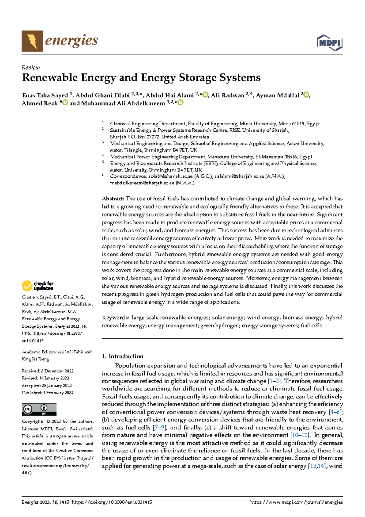 1 Renewable Energy - RESEARCH PAPER ARTICLE - Citation: Sayed, E ...