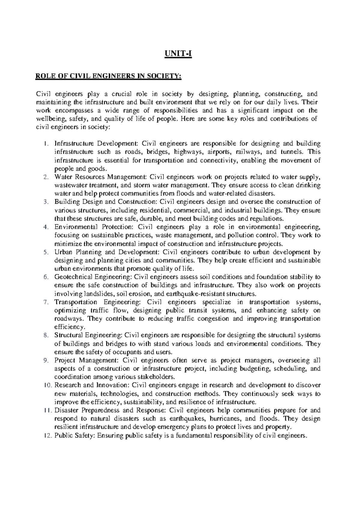 ROLE OF CIVIL ENGINEERS IN SOCIETY: UNIT-I Overview - Studocu